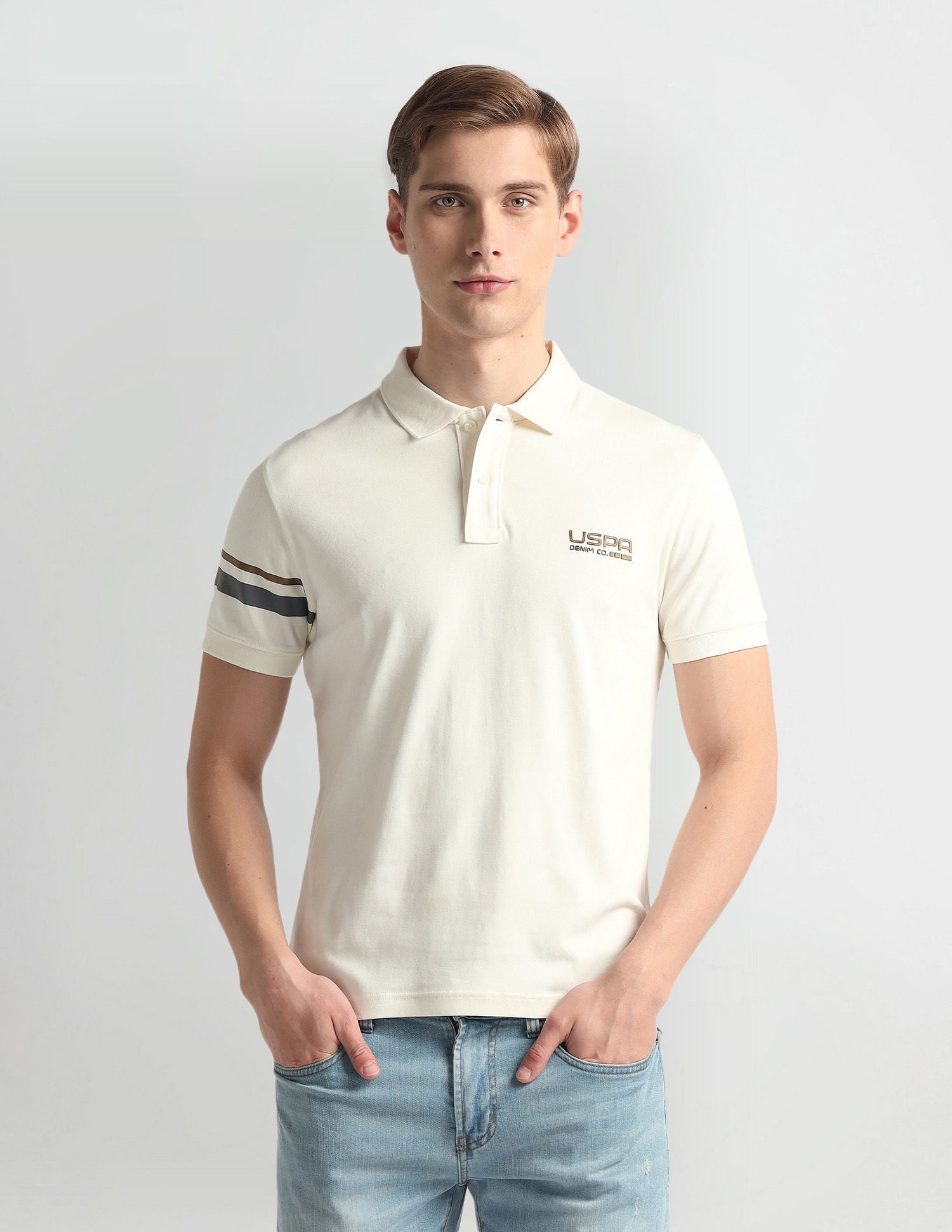 Ribbed Collar Solid Polo Shirt Ivory - U.S. Polo Assn. India | Large