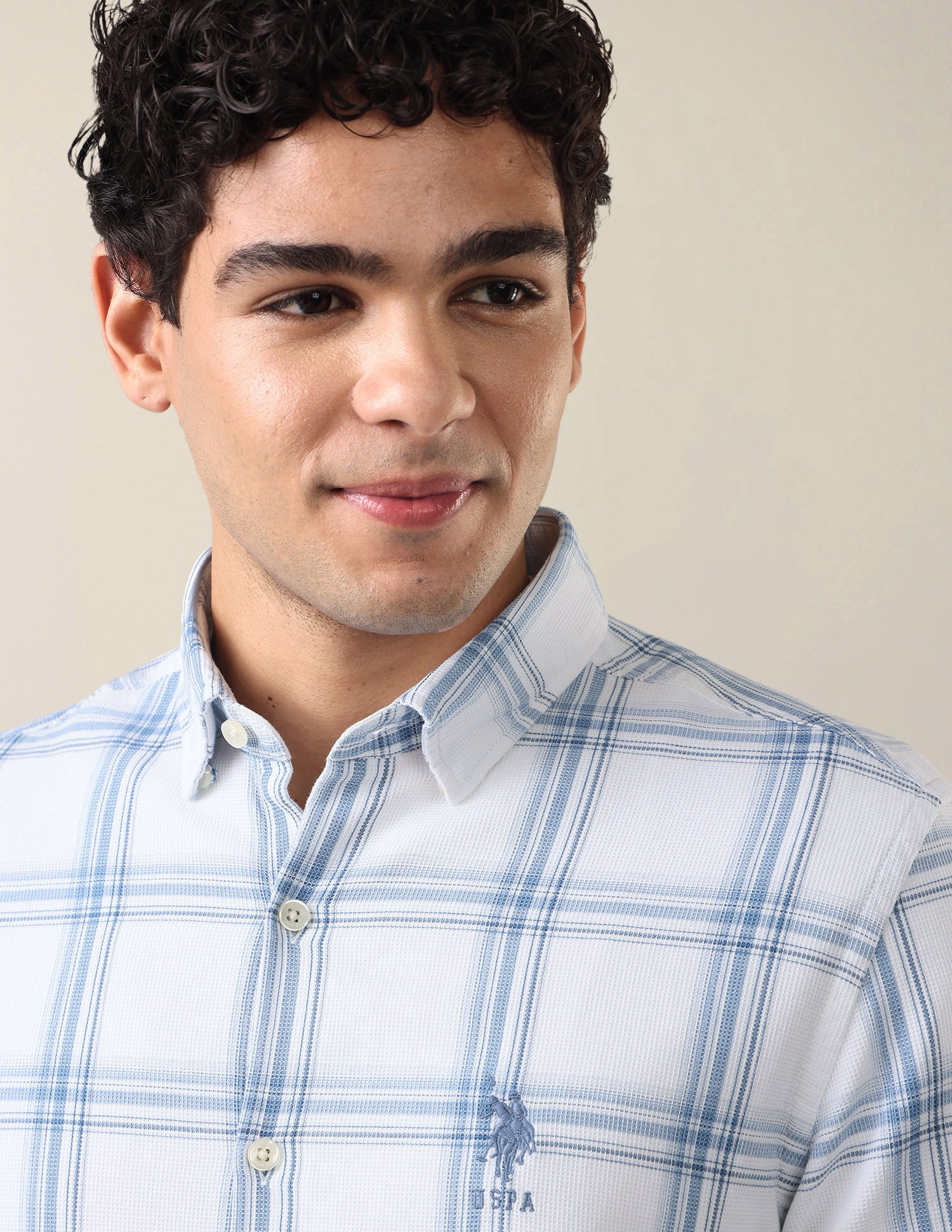 Windowpane Checked Regular Fit Shirt Light Indigo - U.S. Polo Assn. India | Large