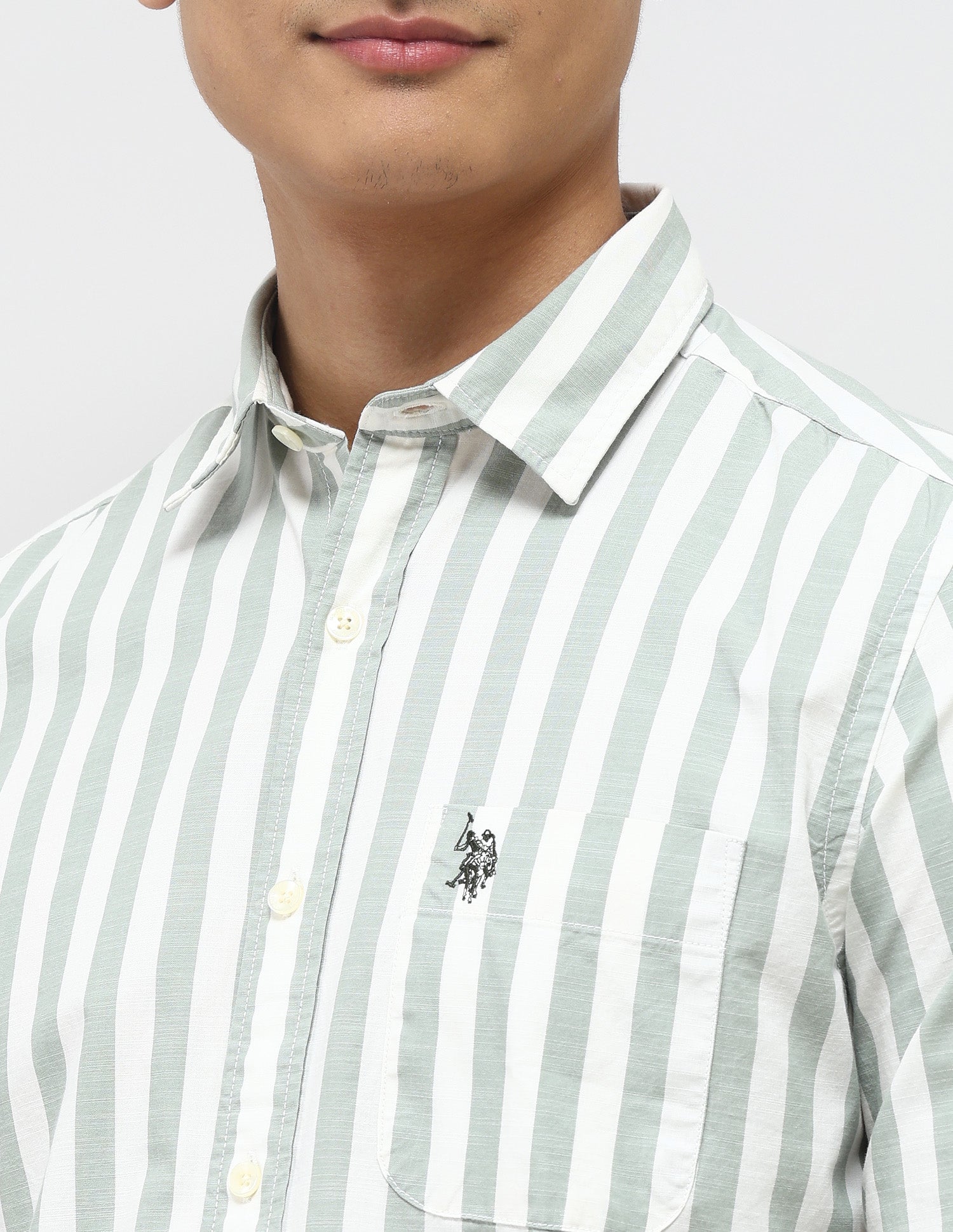 Vertical Striped Pure Cotton Shirt Light Green - U.S. Polo Assn. India | Large