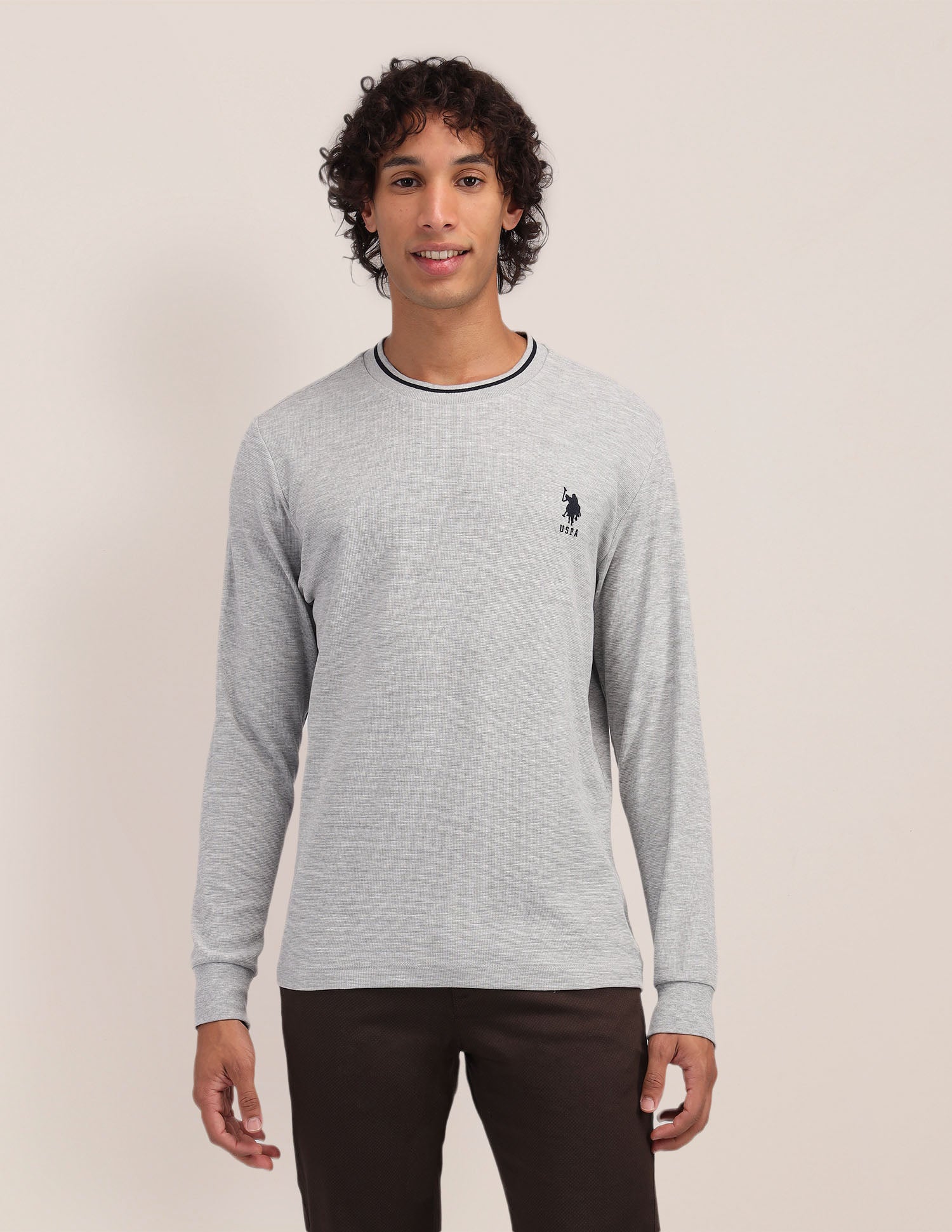 Textured Cotton Slim Fit T-Shirt Grey - U.S. Polo Assn. India | Large