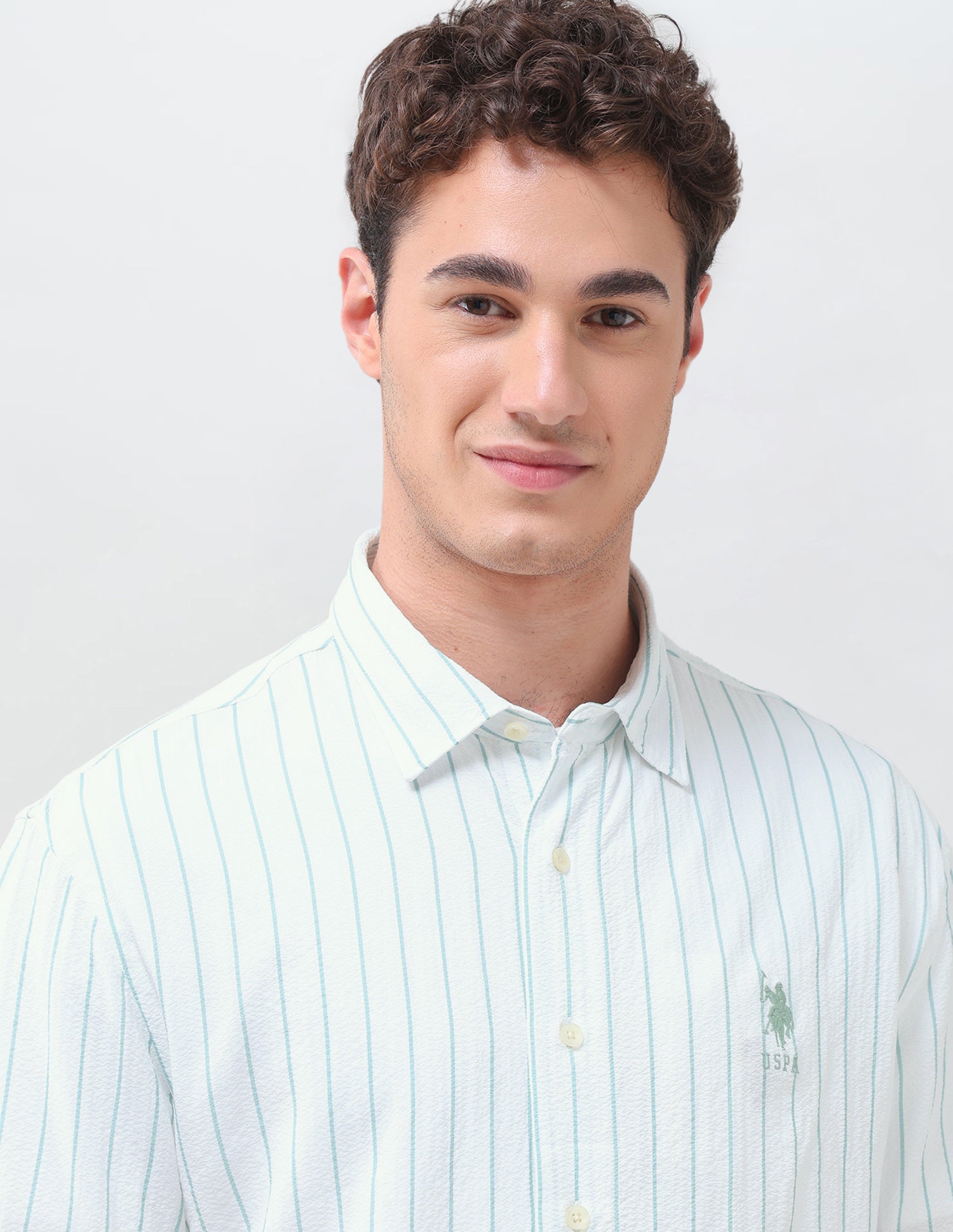 Vertical Striped Crinkle Weave Shirt Green - U.S. Polo Assn. India | Large