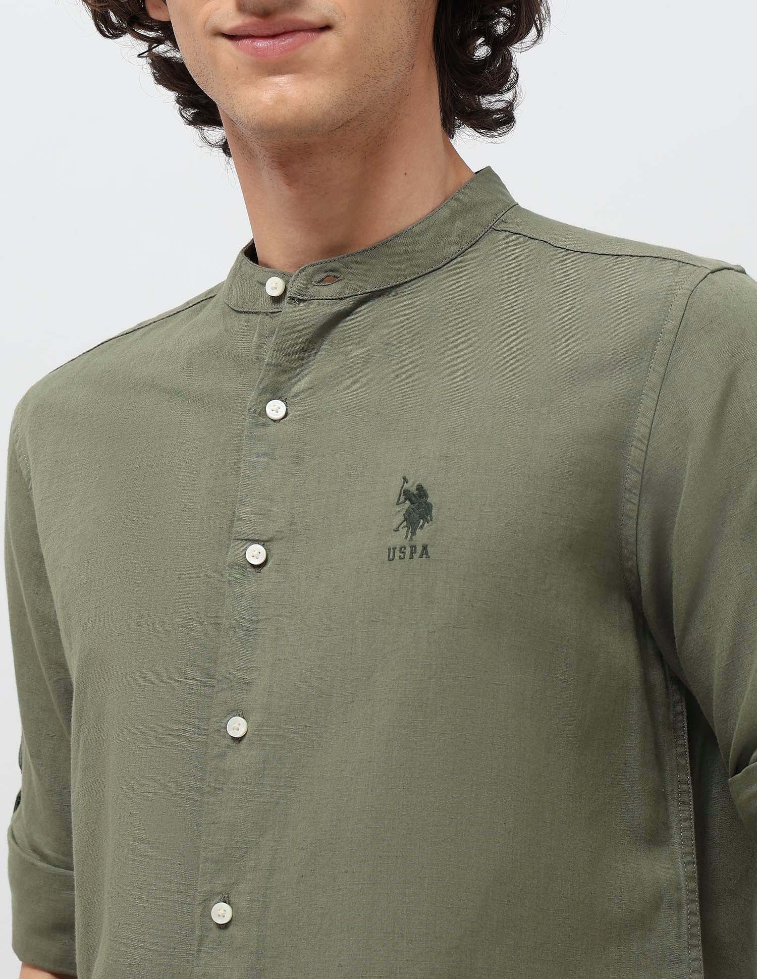 Solid Regular Fit Mandarin Shirt Olive - U.S. POLO ASSN. | Large