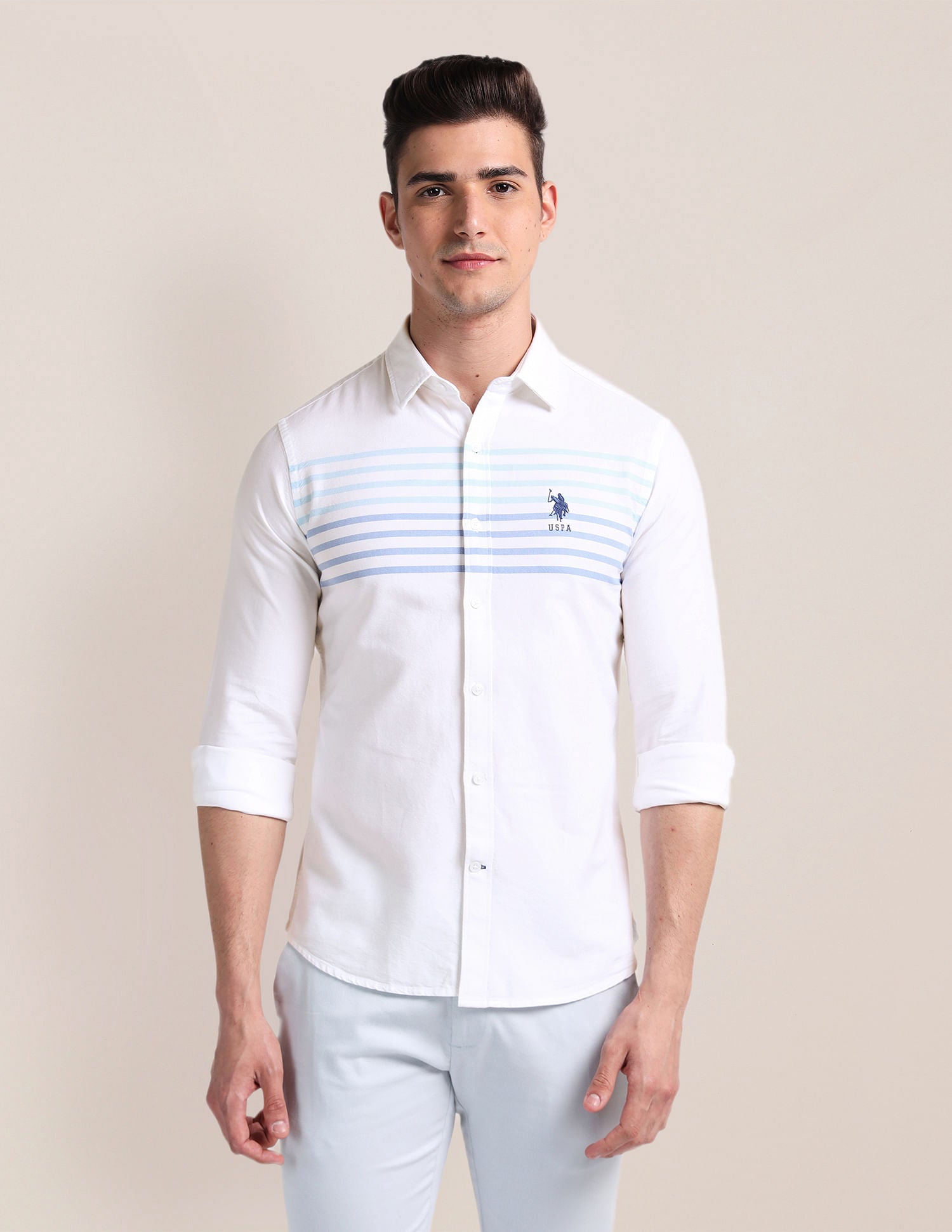 Premium Cotton Oxford Shirt White and Blue - U.S. Polo Assn. India | Large