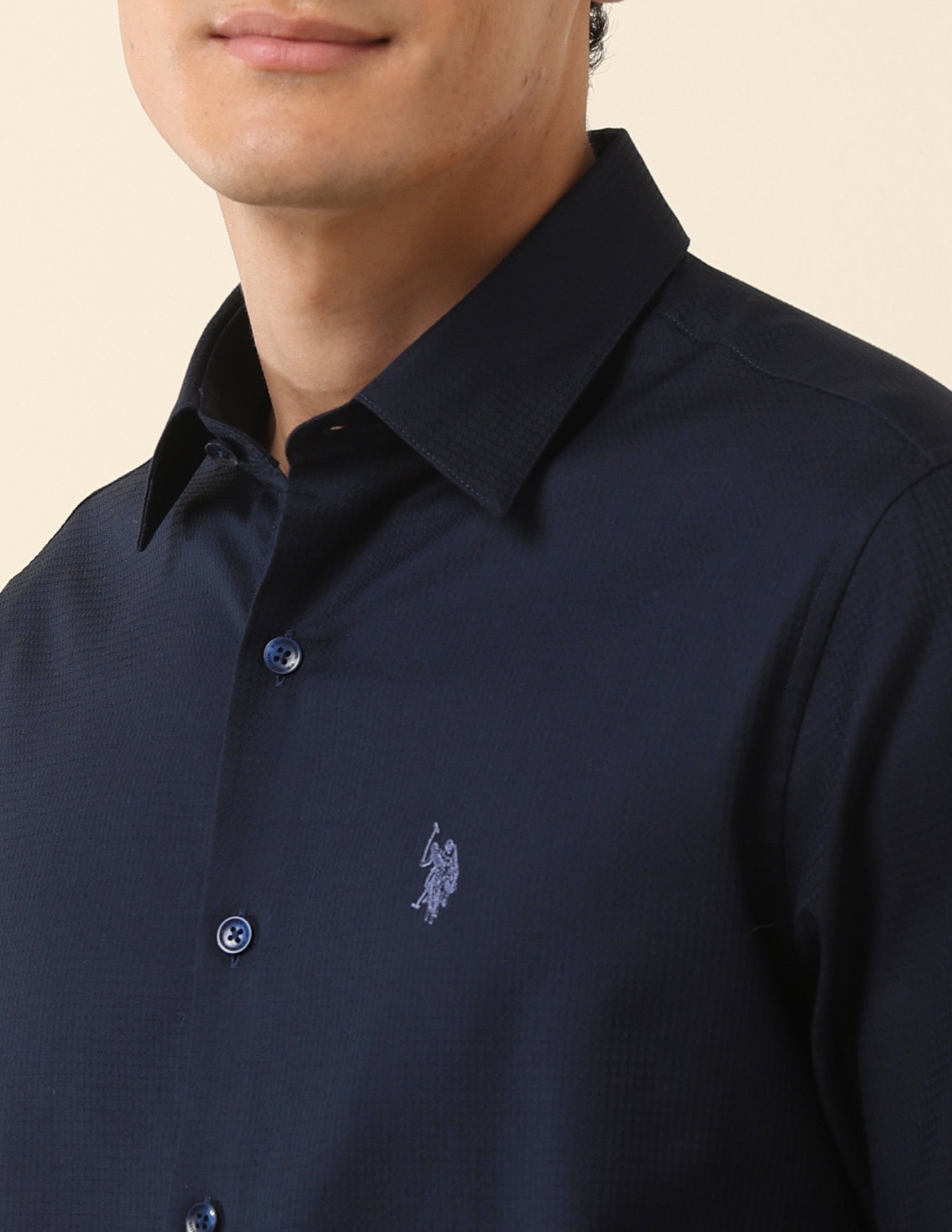 Tailored Fit Solid Pure Cotton Shirt Navy - U.S. Polo Assn. India | Large