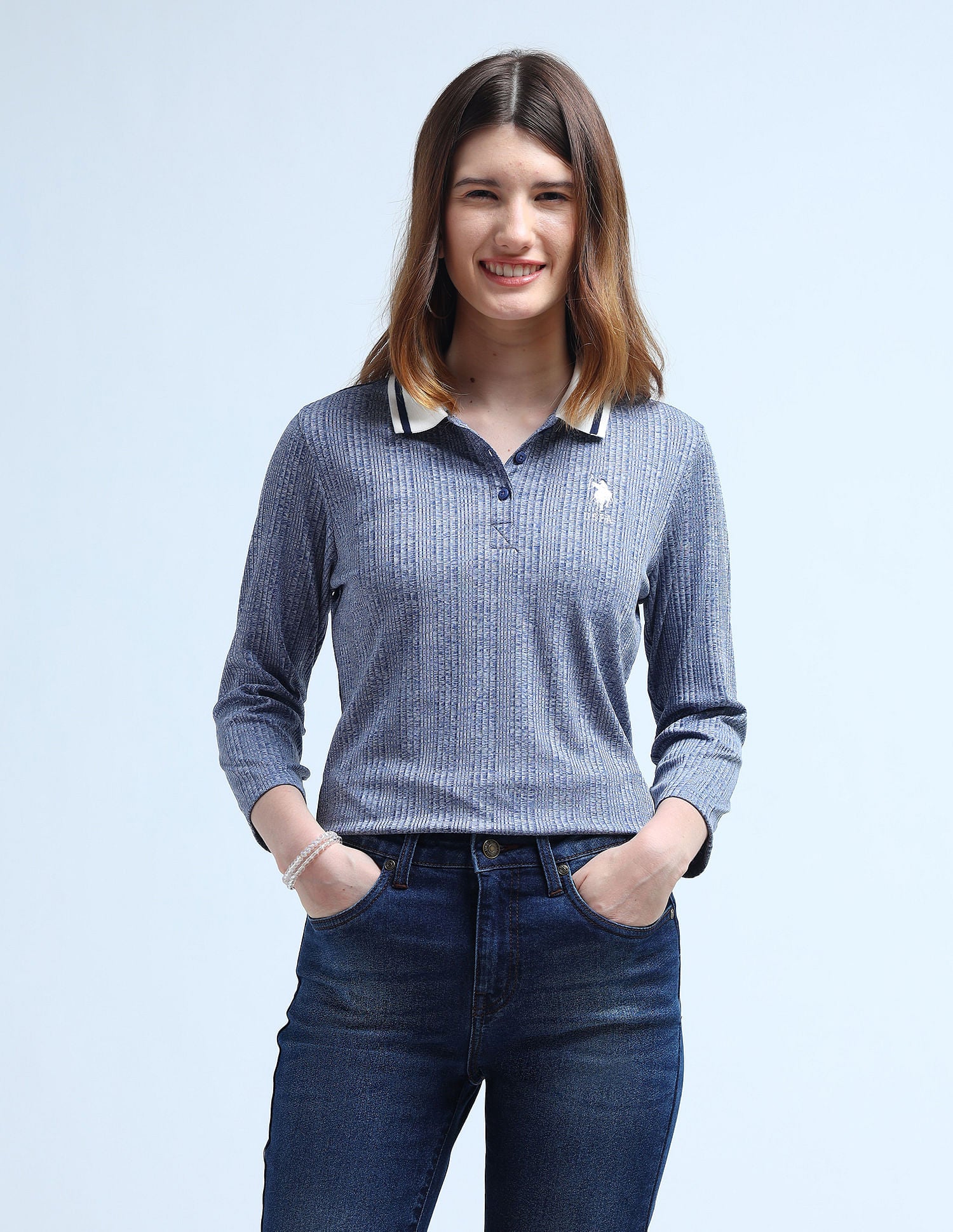 Contrast Collar Textured Polo Shirt Blue - U.S. POLO ASSN. | Large