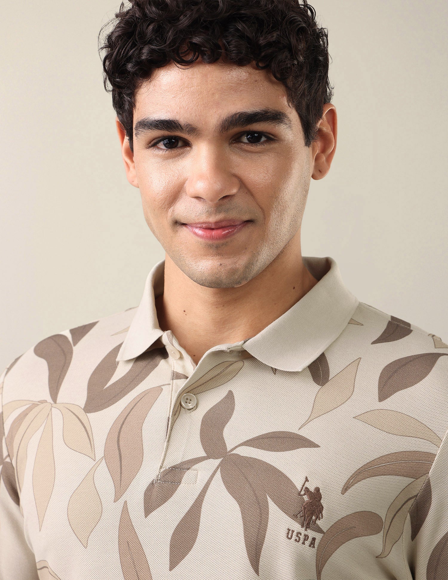 Tropical Printed Slim Fit Polo Shirt Beige - U.S. Polo Assn. India | Large