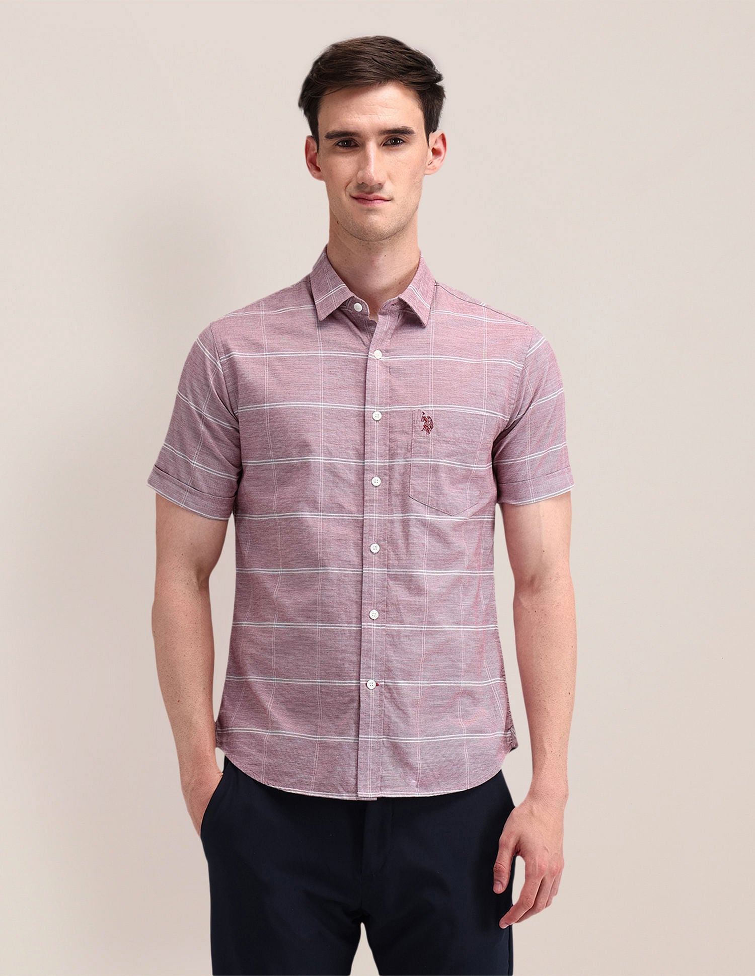 Windowpane Checked Regular Fit Shirt Maroon - U.S. Polo Assn. India | Large