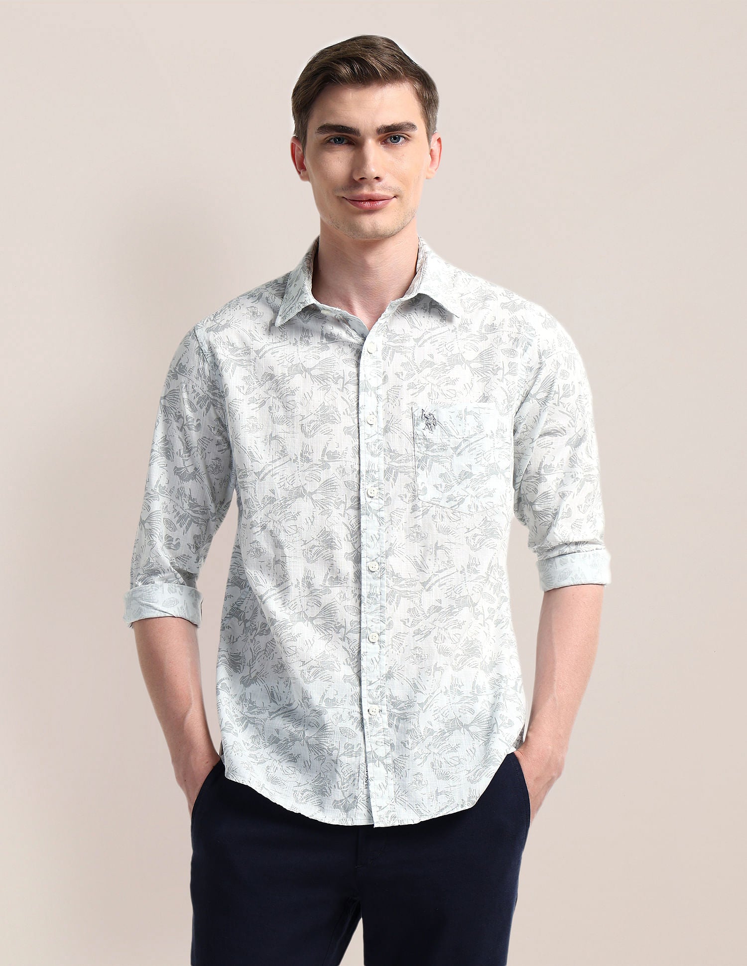 Cutaway Collar Premium Cotton Shirt Green - U.S. Polo Assn. India | Large