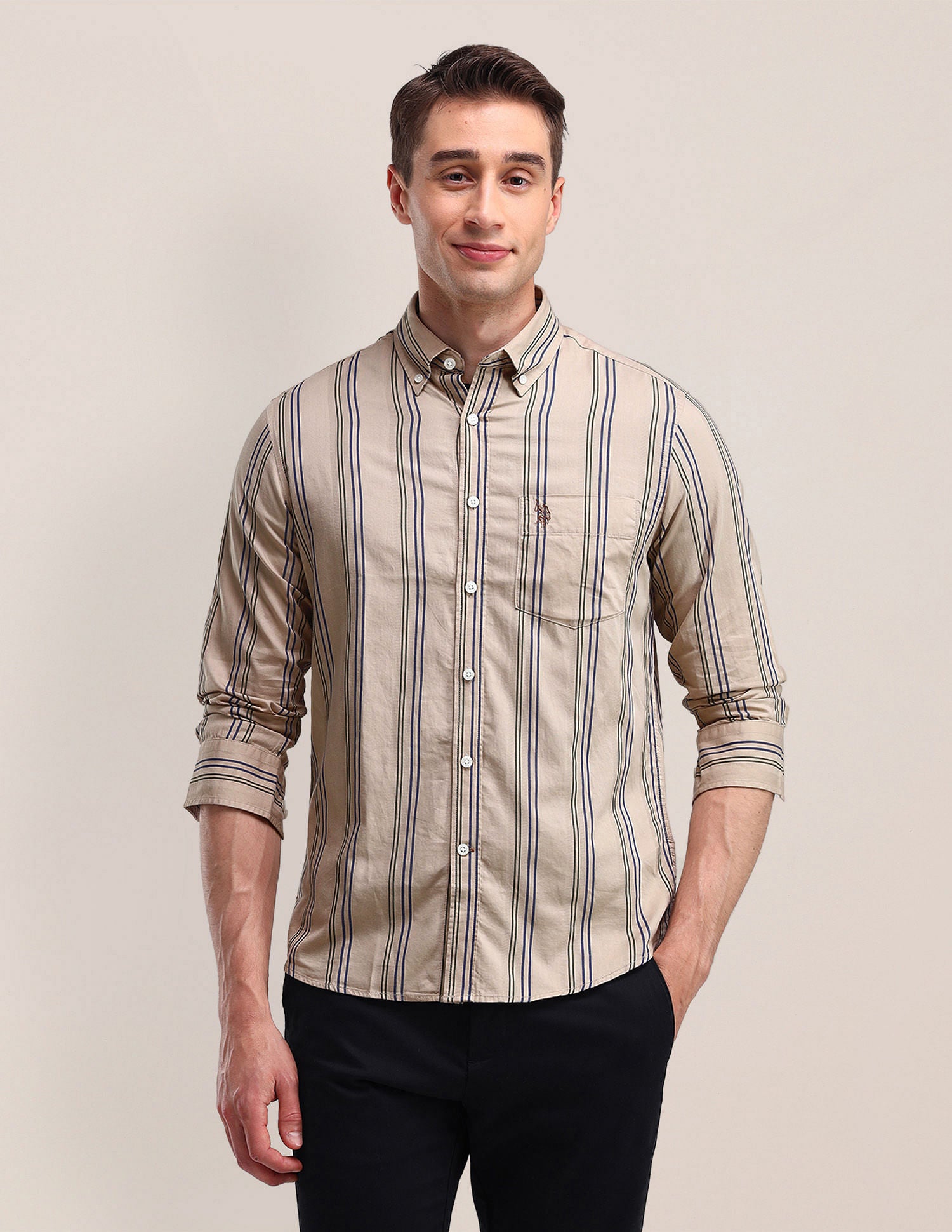 Tailored Fit Cotton Striped Shirt Beige - U.S. Polo Assn. India | Large