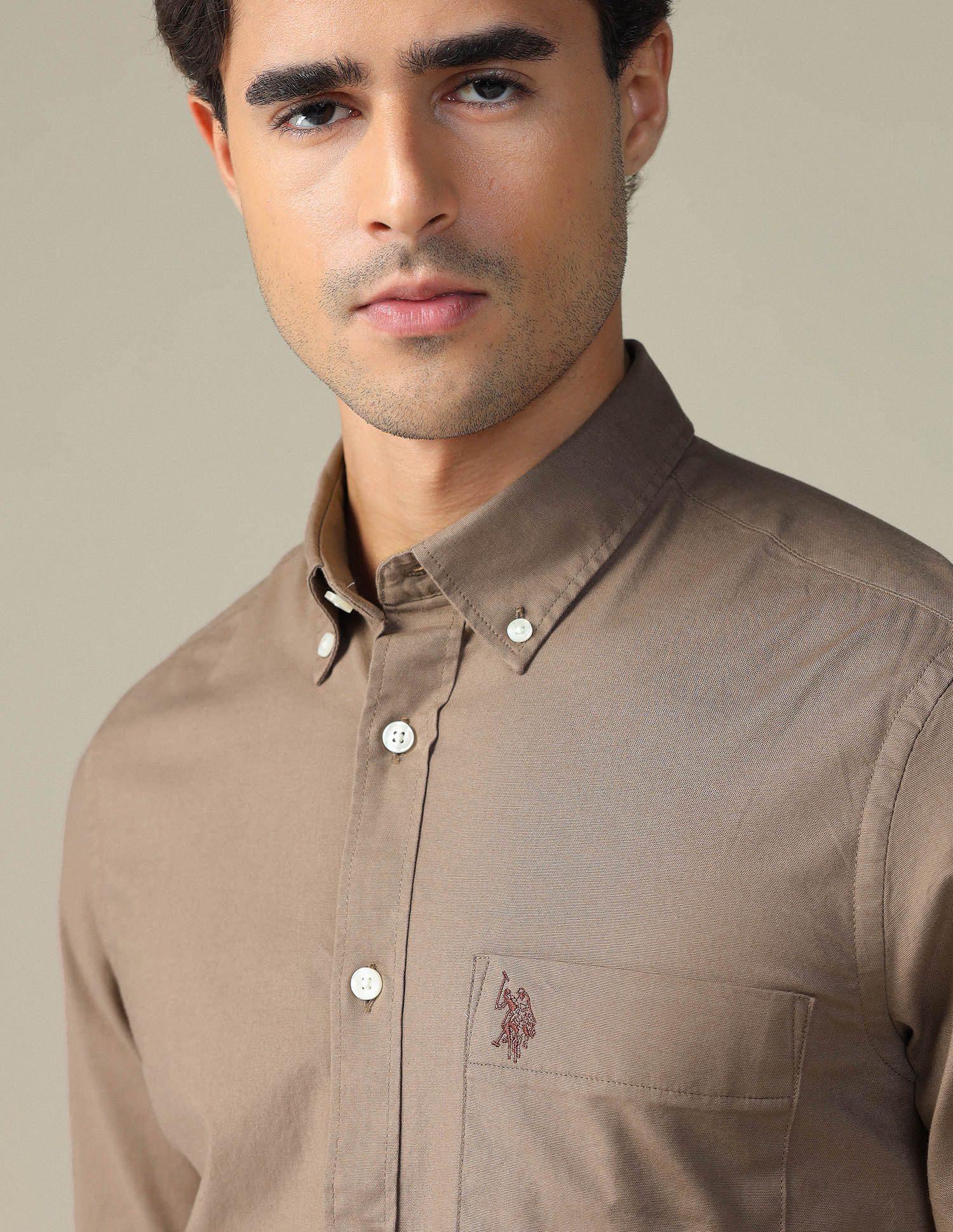 Tailored Fit Dobby Button Down Shirt Light Brown - U.S. POLO ASSN. | Large