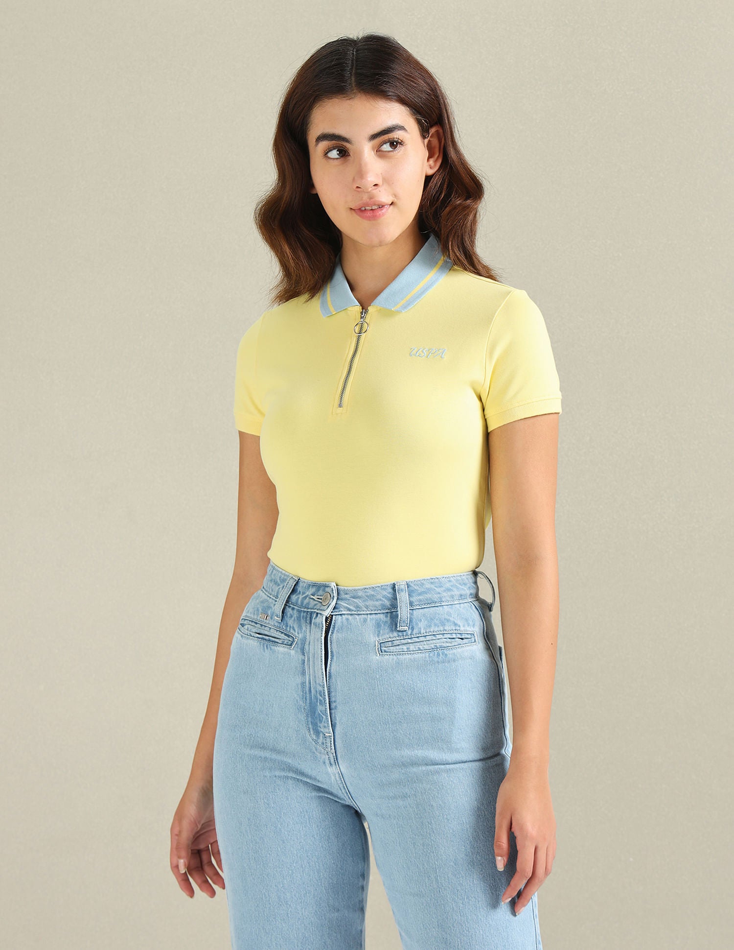 Striped Collar Zipper Polo Shirt Light Yellow - U.S. POLO ASSN. | Large