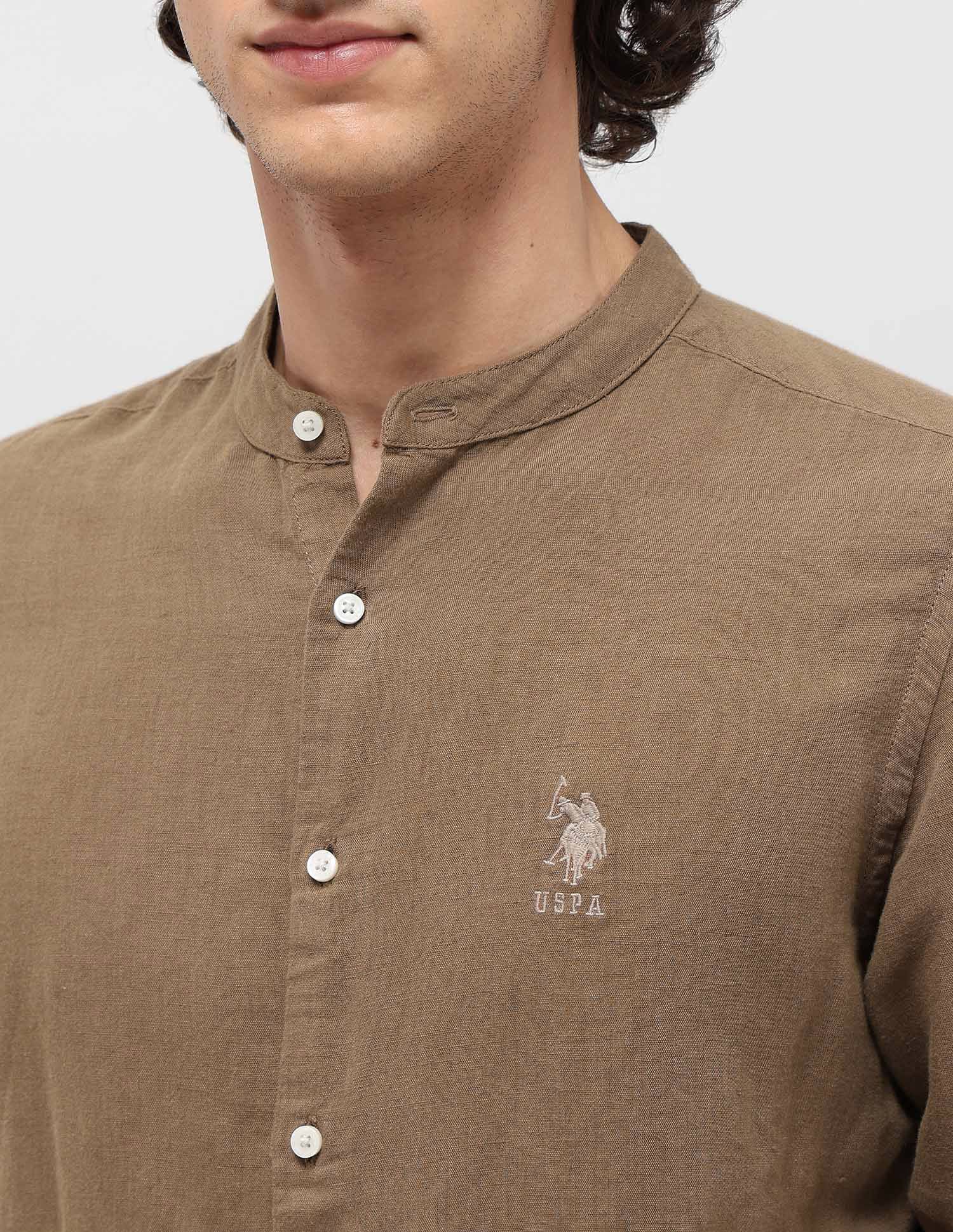 Solid Regular Fit Mandarin Shirt Khaki - U.S. POLO ASSN. | Large