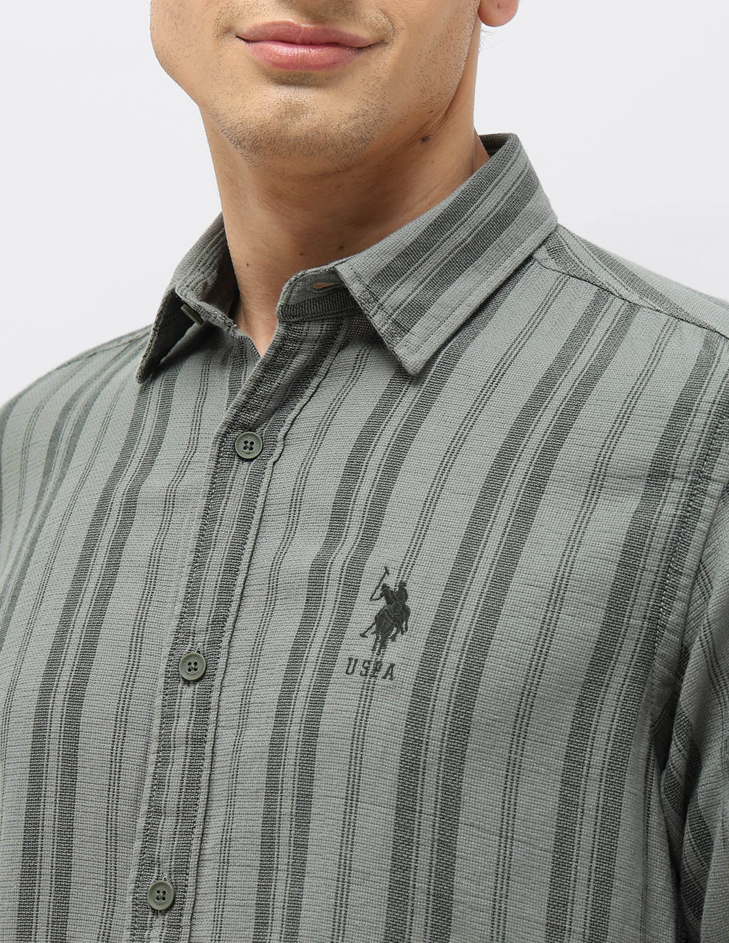 Vertical Striped Regular Fit Shirt Light Green - U.S. Polo Assn. India | Large