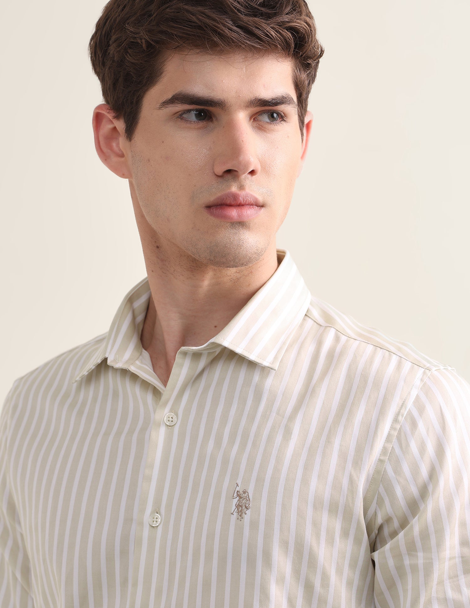 Vertical Striped Satin Shirt Beige - U.S. Polo Assn. India | Large