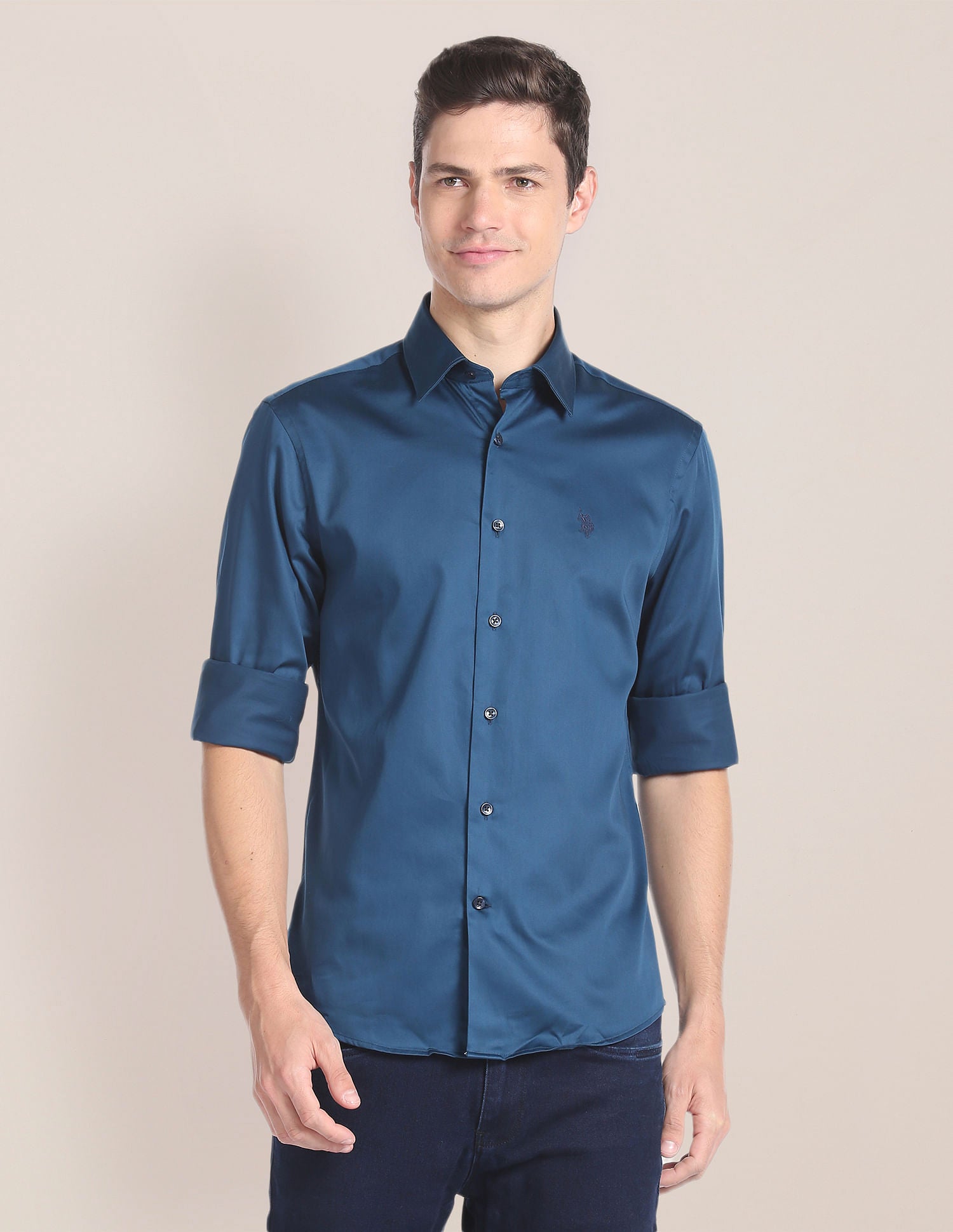 Solid Sateen Shirt Teal - U.S. POLO ASSN. | Large