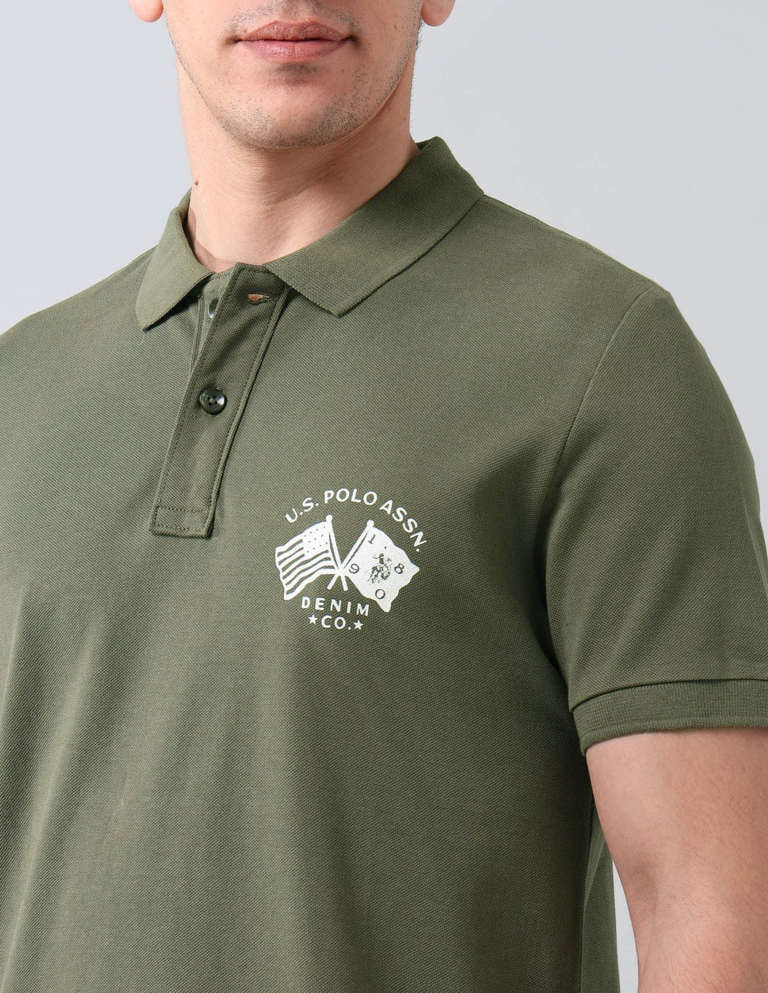 Muscle Fit Brand Printed Polo Shirt Light Olive - U.S. Polo Assn. India | Large