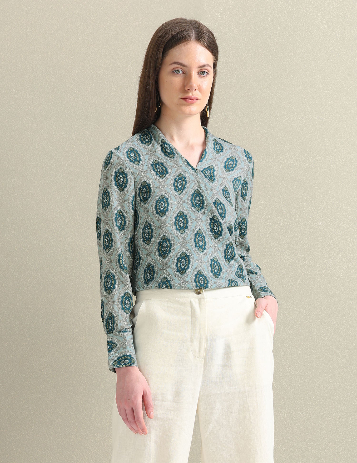 Motif Print Satin Wrap Top Blue - U.S. POLO ASSN. | Large