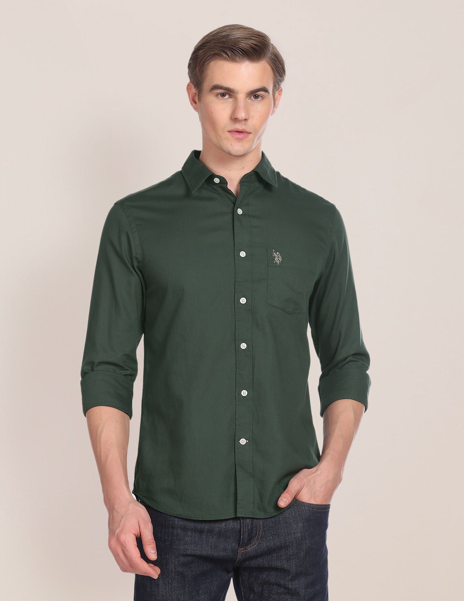 Solid Tailored Fit Shirt Olive - U.S. Polo Assn. India | Large