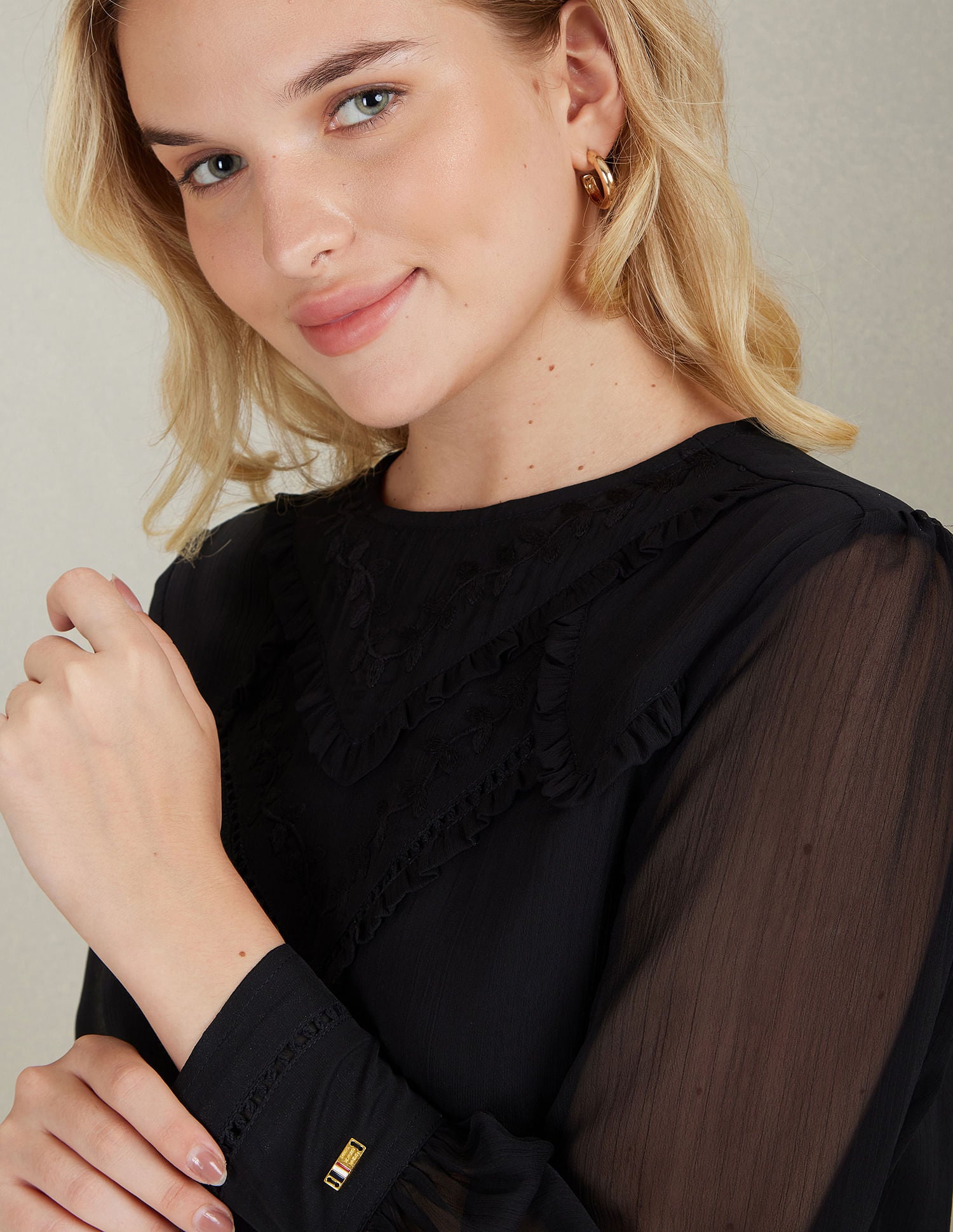 Ruffled Detail Long Sleeve Top Black - U.S. Polo Assn. India | Large