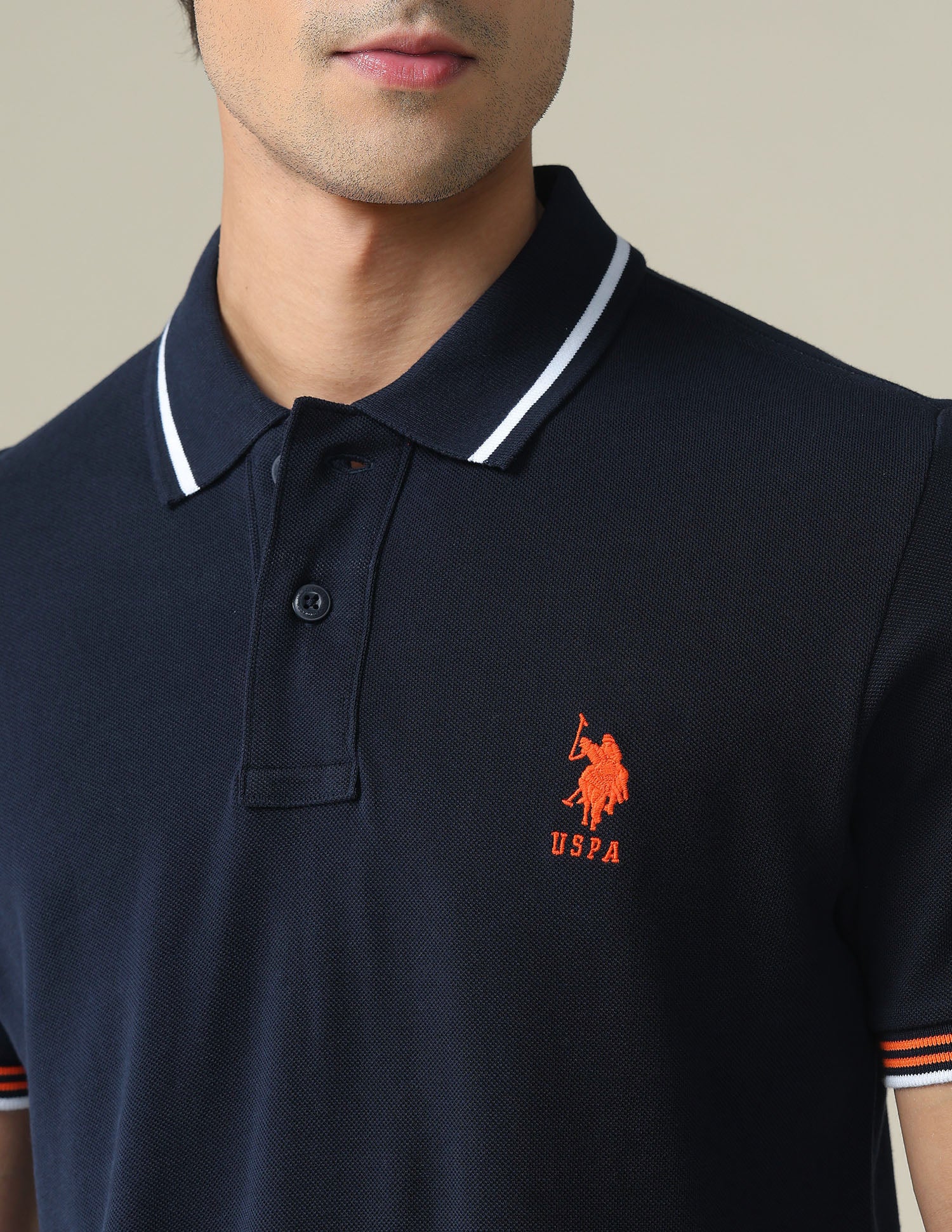 Striped Collar Solid Polo Shirt Navy - U.S. POLO ASSN. | Large