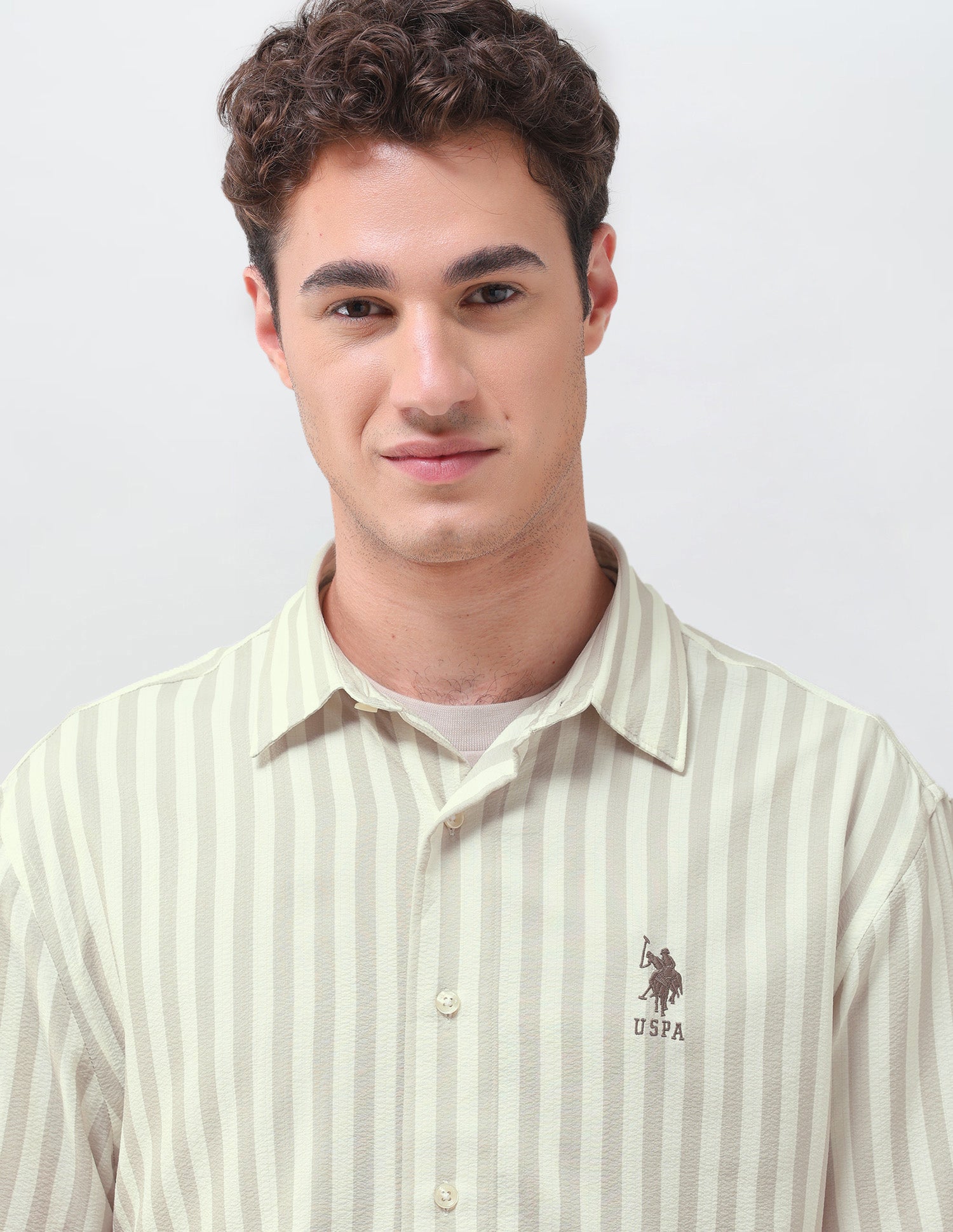 Vertical Striped Seersucker Weave Shirt Light Khaki - U.S. Polo Assn. India | Large
