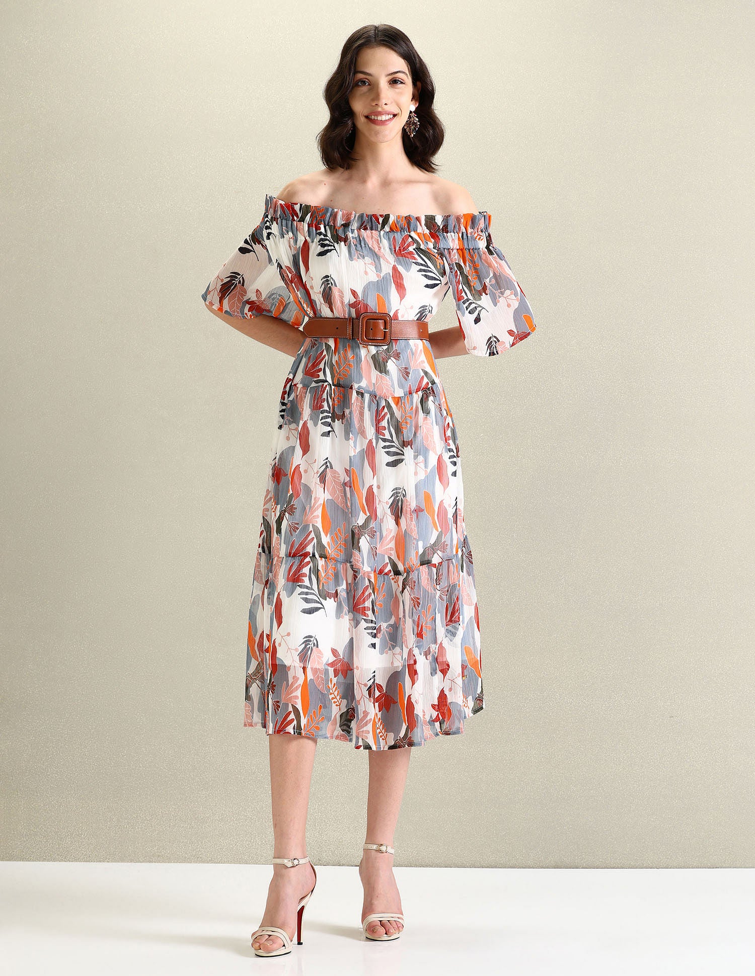 Chiffon Printed A-Line Dress White, Grey and Red - U.S. POLO ASSN. | Large