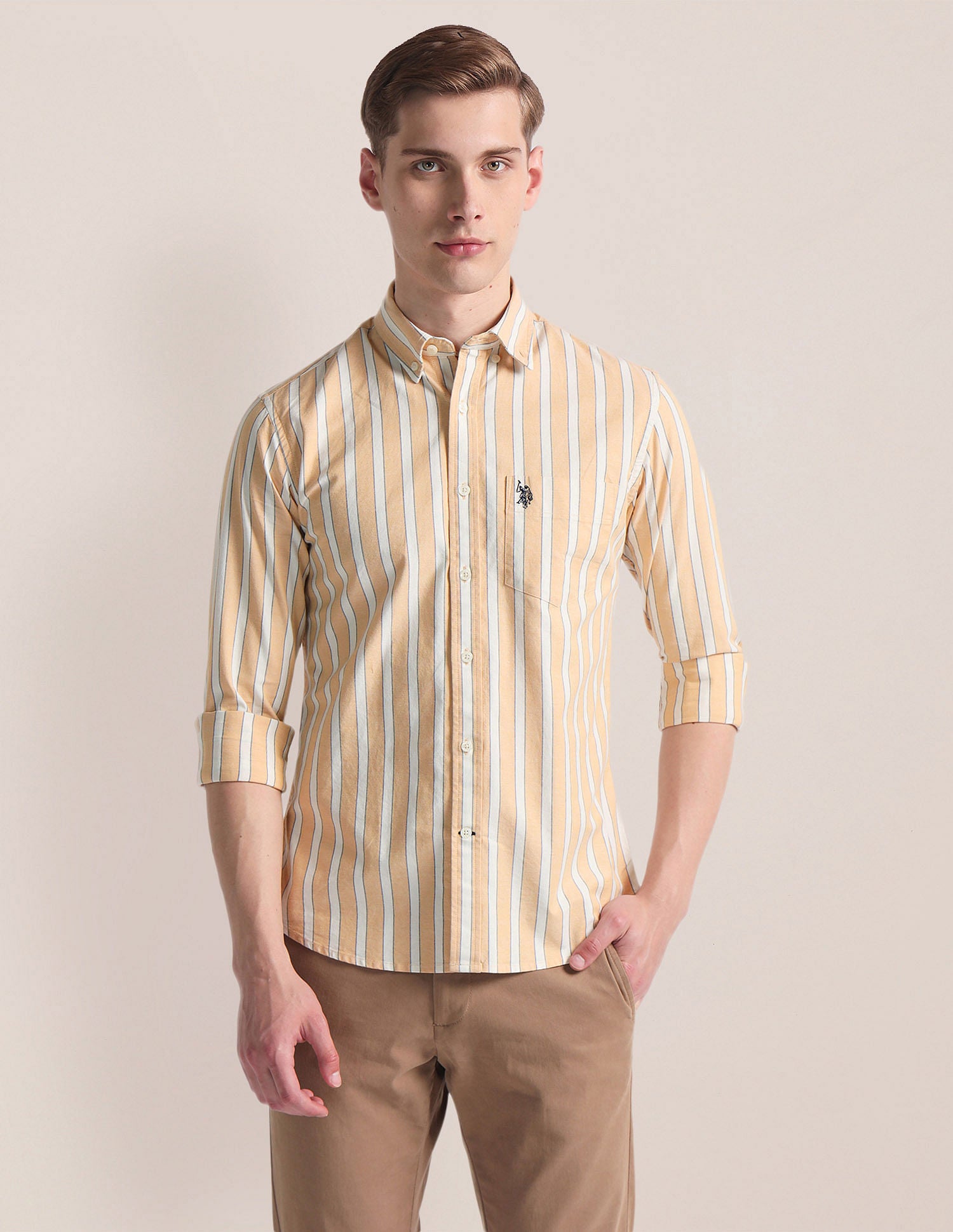 Vertical Stripe Oxford Shirt Beige - U.S. Polo Assn. India | Large
