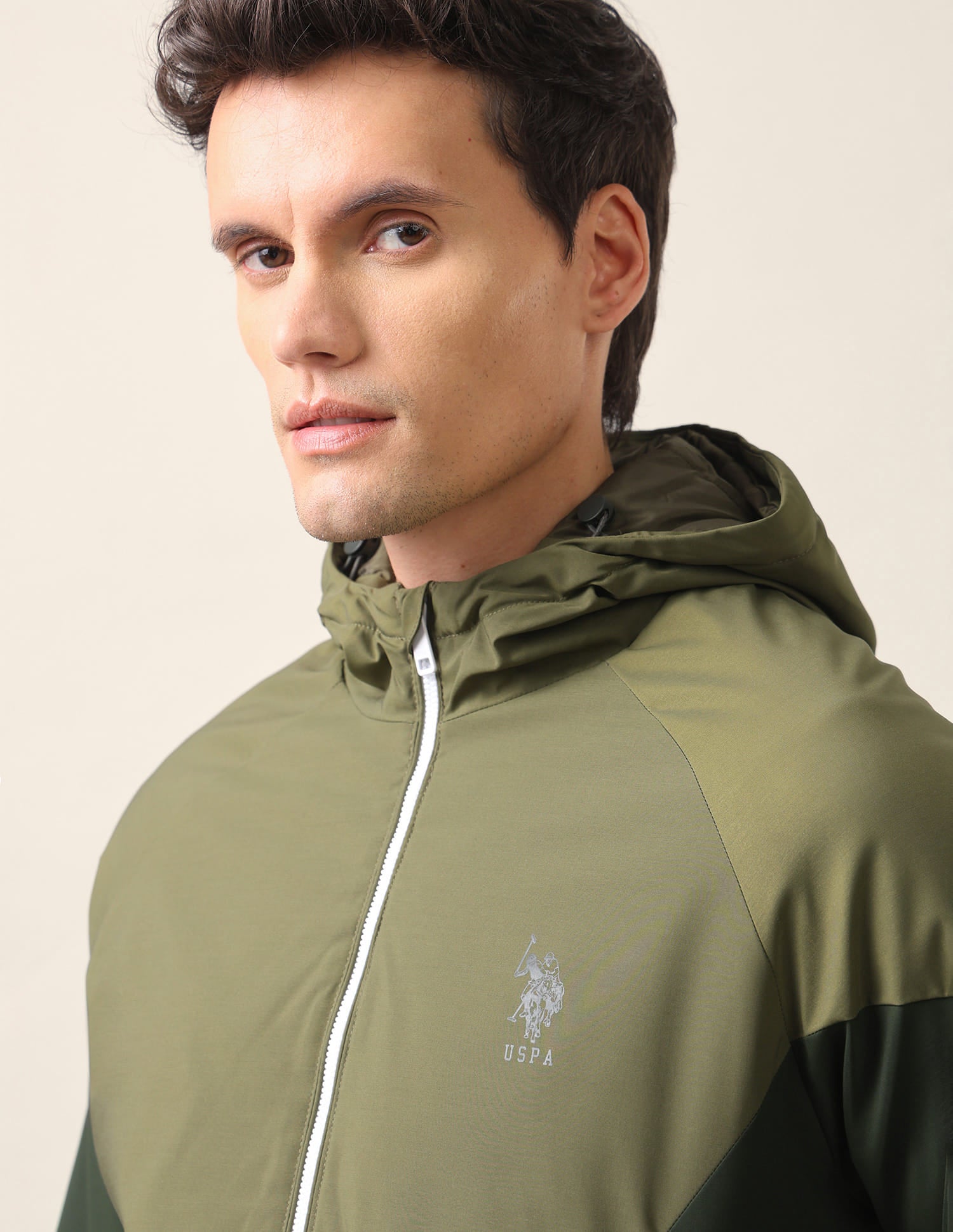 Colour Block Logo Hooded Jacket Olive - U.S. Polo Assn. India | Large