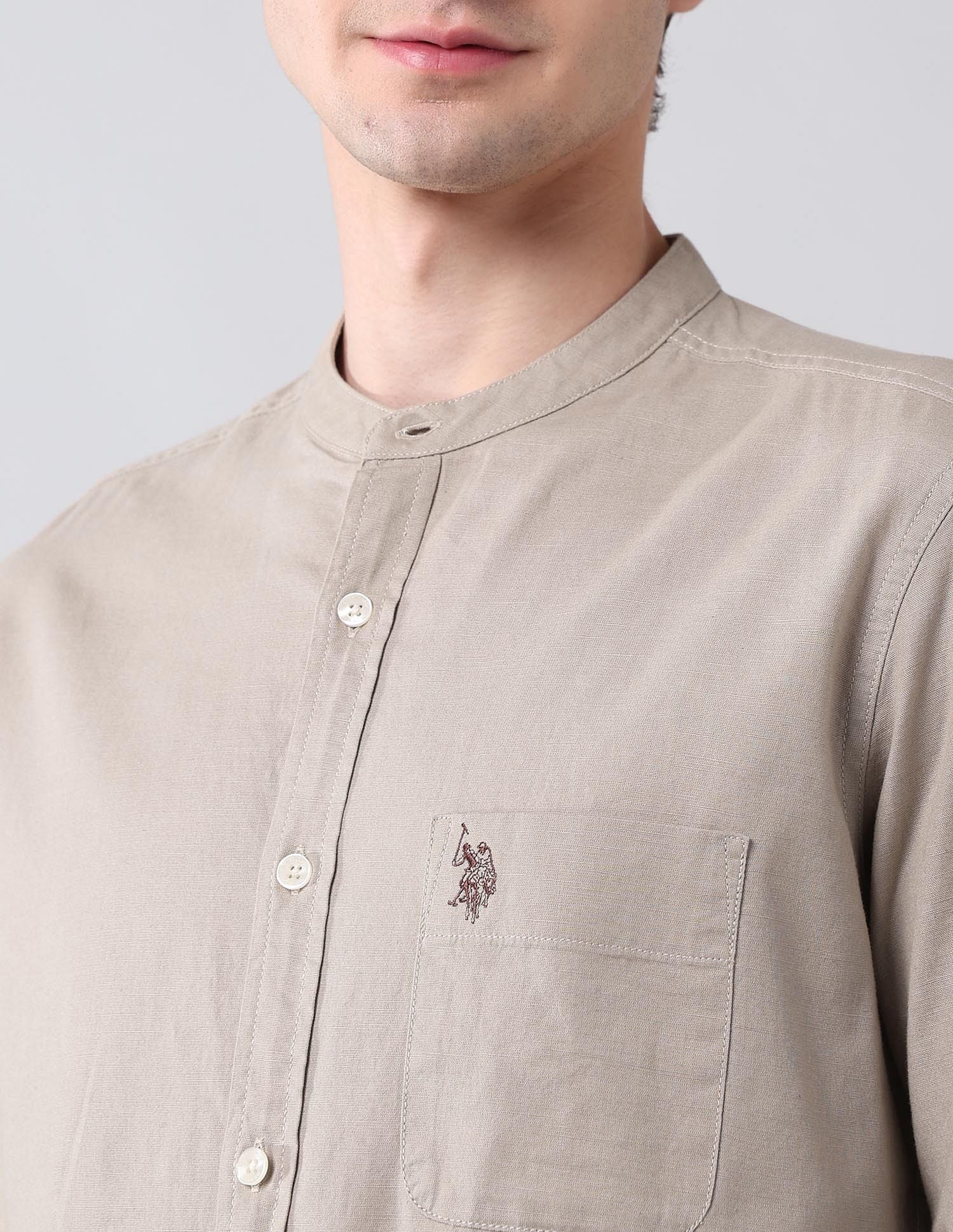 Solid Slub Mandarin Collar Shirt Khaki - U.S. Polo Assn. India | Large