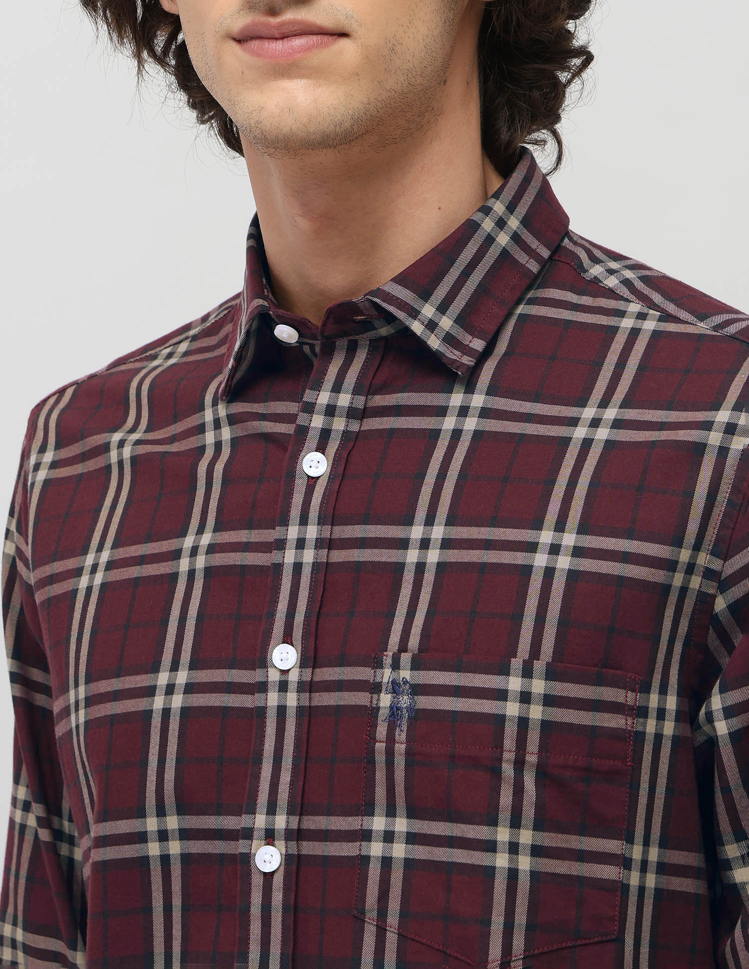 Grid Tattersall Checked Tailored Fit Shirt Burgundy - U.S. POLO ASSN. | Large