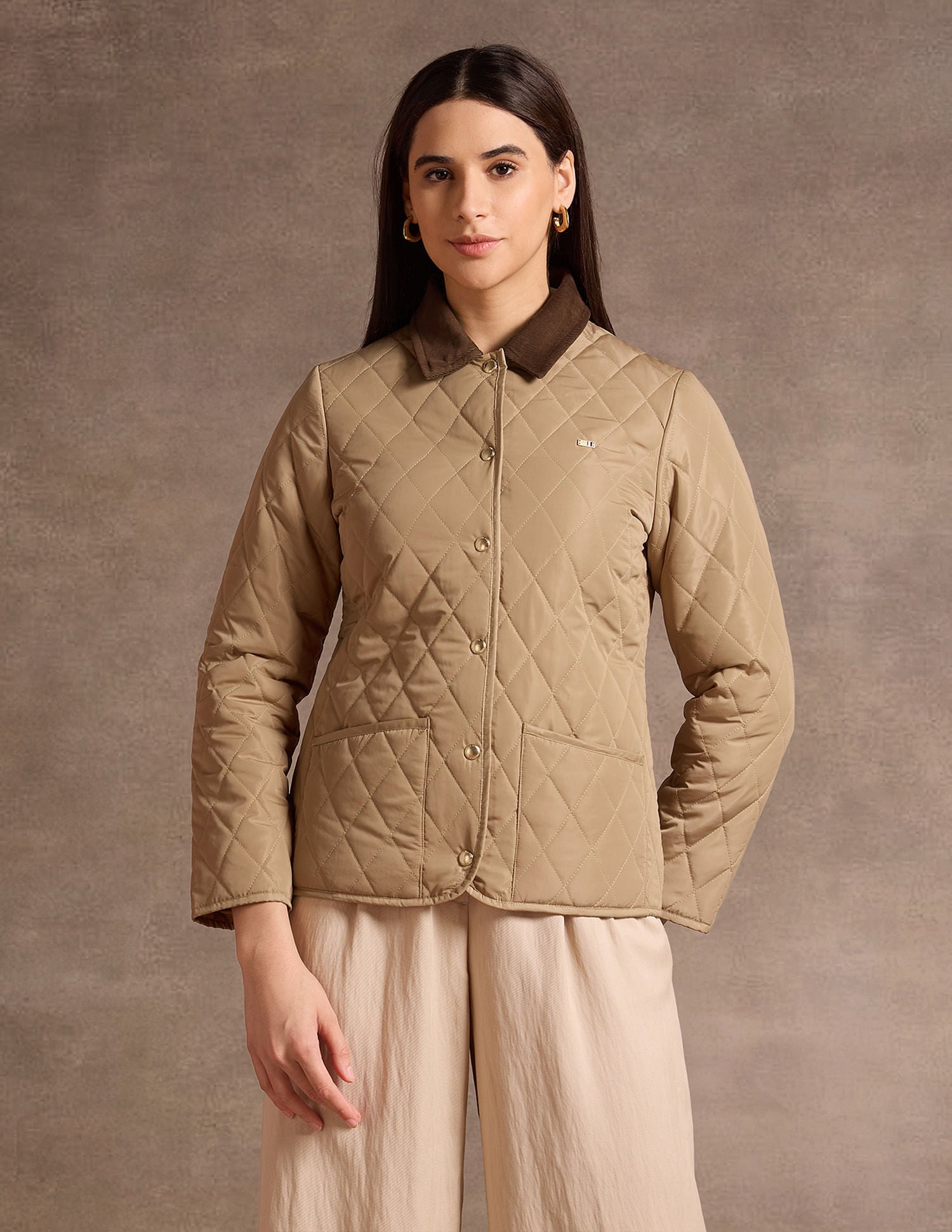 Contrast Collar Puffer Jacket Beige - U.S. POLO ASSN. | Large