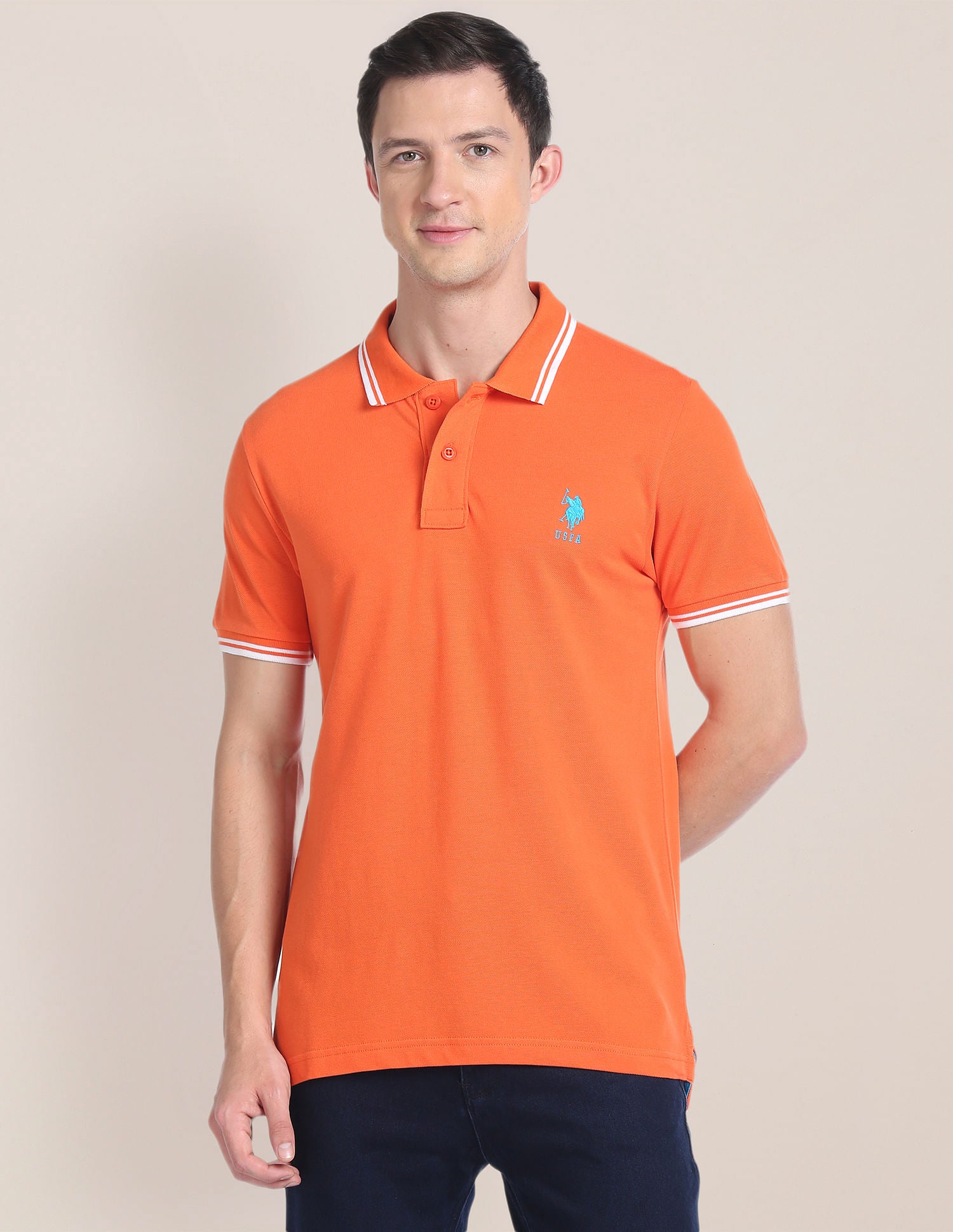 Striped Collar Pique Polo Shirt Orange - U.S. Polo Assn. India | Large