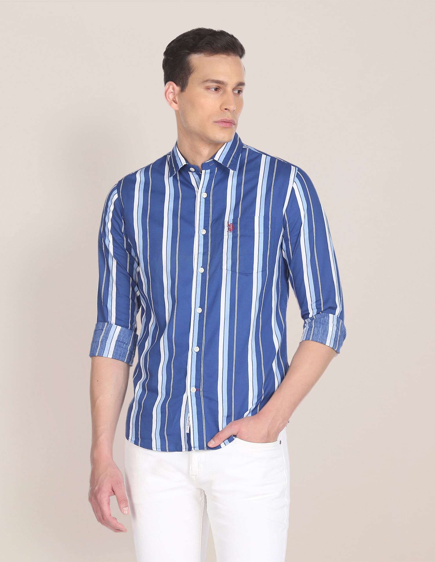 Regular Fit Striped Casual Shirt Blue - U.S. Polo Assn. India | Large