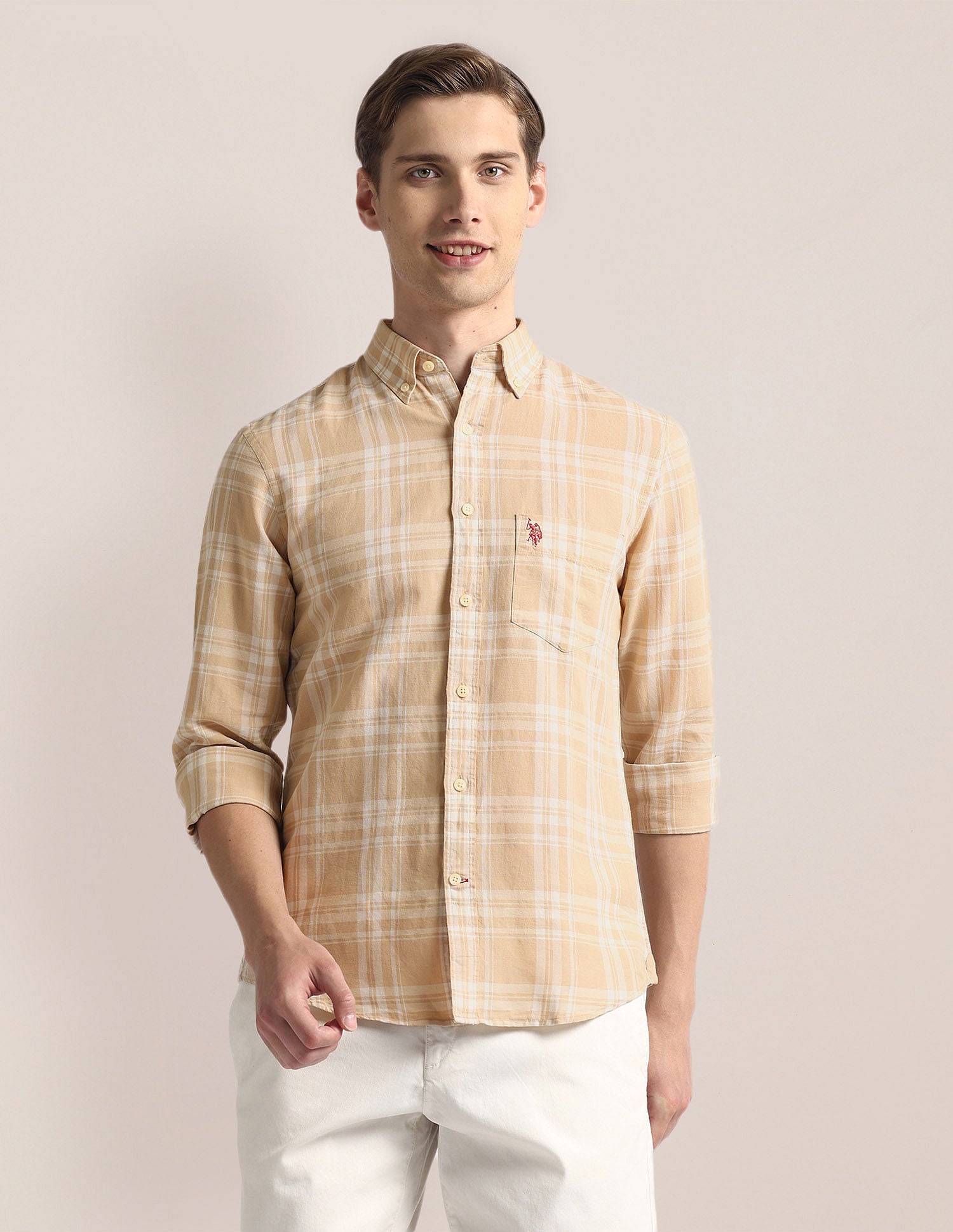Tailored Fit Tartan Check Shirt Ivory and Beige - U.S. Polo Assn. India | Large