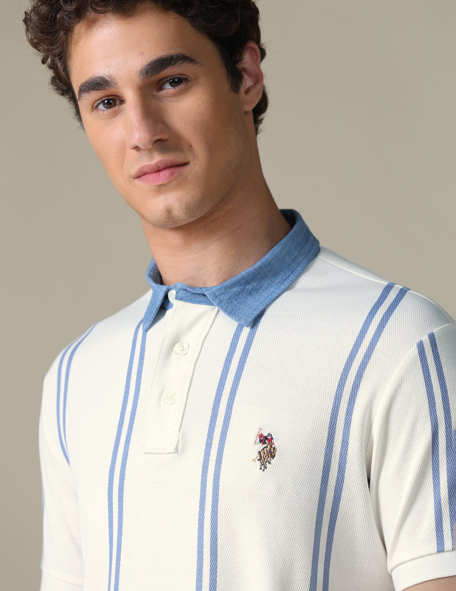 Vertical Striped Slim Fit T-Shirt Ivory - U.S. Polo Assn. India | Large