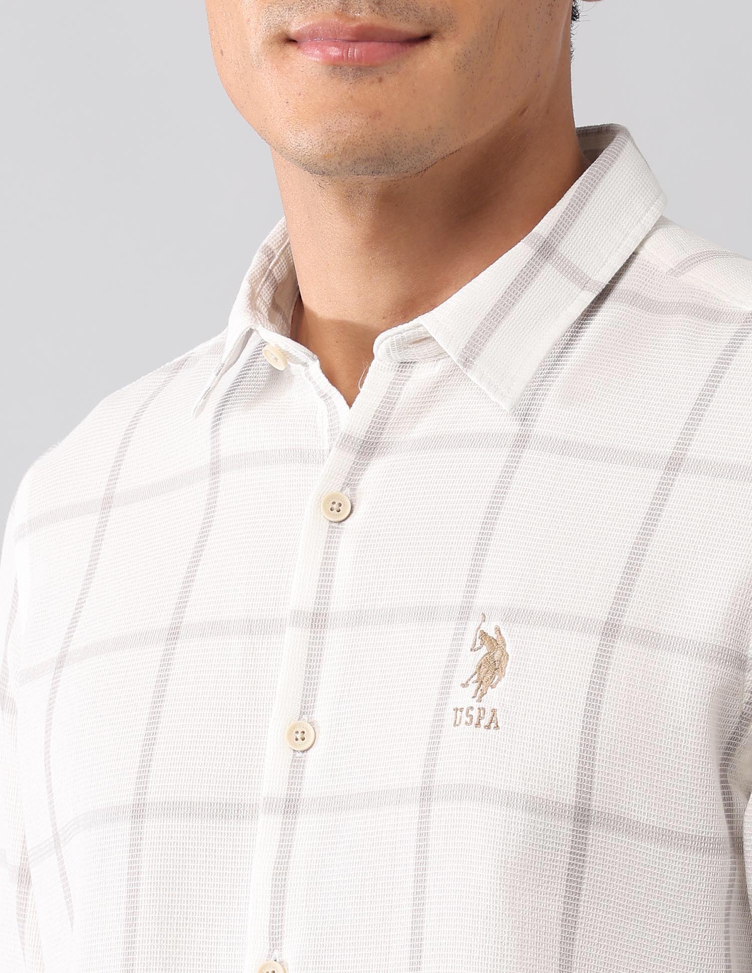 Windowpane Checked Dobby Regular Fit Shirt Khaki - U.S. Polo Assn. India | Large