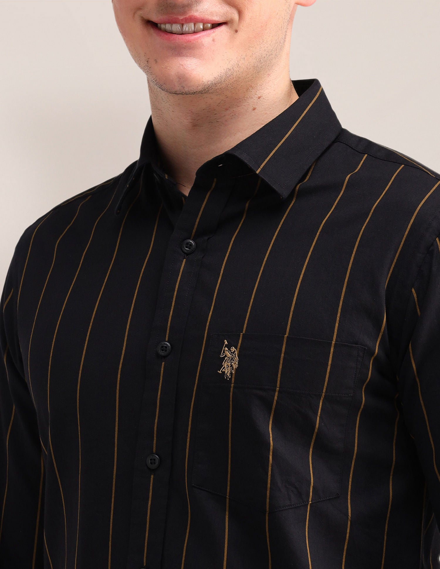 Tailored Fit Twill Striped Shirt Black - U.S. Polo Assn. India | Large