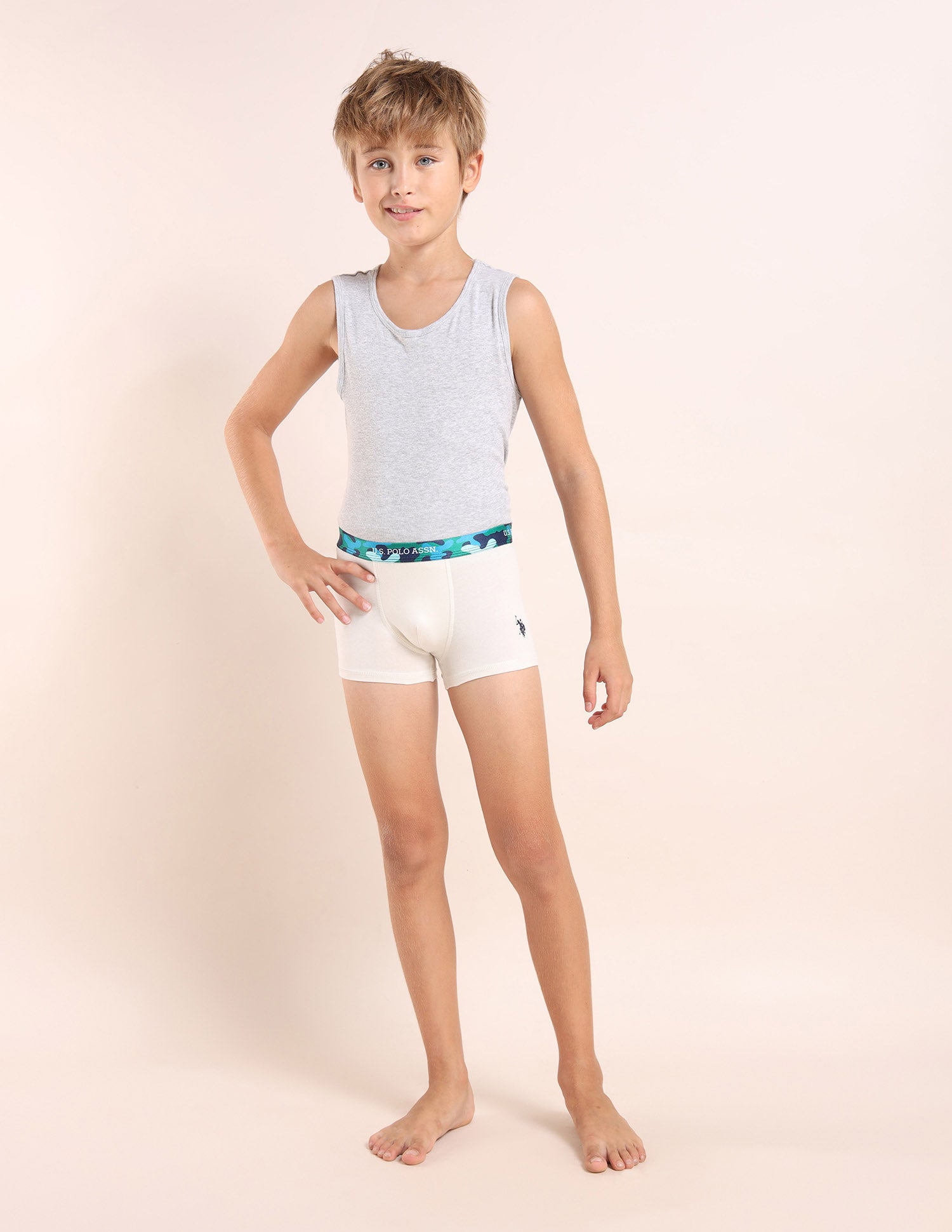 Boys Mid Rise Cotton Spandex Trunks - Pack Of 5 Blue, Navy, Grey, White and Blue - U.S. POLO ASSN. | Large