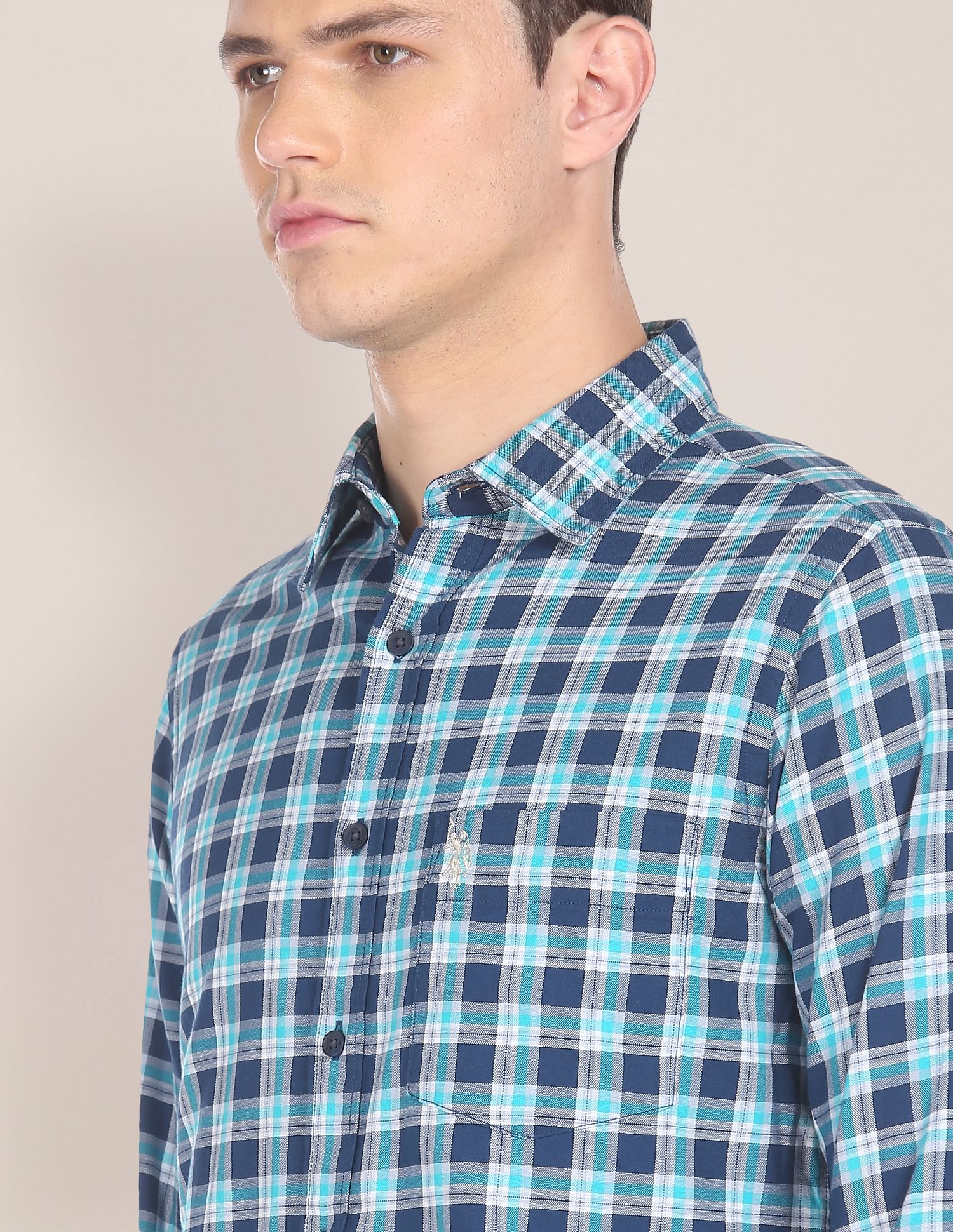Men Navy And Aqua Spread Collar Check Casual Shirt Navy and Aqua - U.S. Polo Assn. India | Large