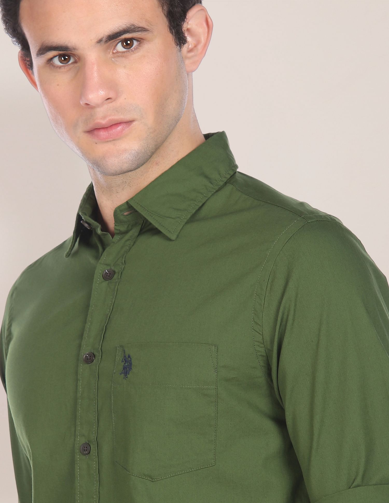 Men Green Spread Collar Solid Casual Shirt Green - U.S. POLO ASSN. | Large