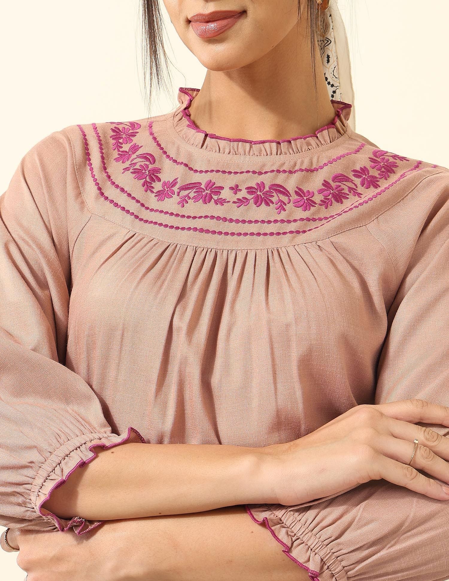 Yoke Embroidered Frill Top Beige - U.S. POLO ASSN. | Large