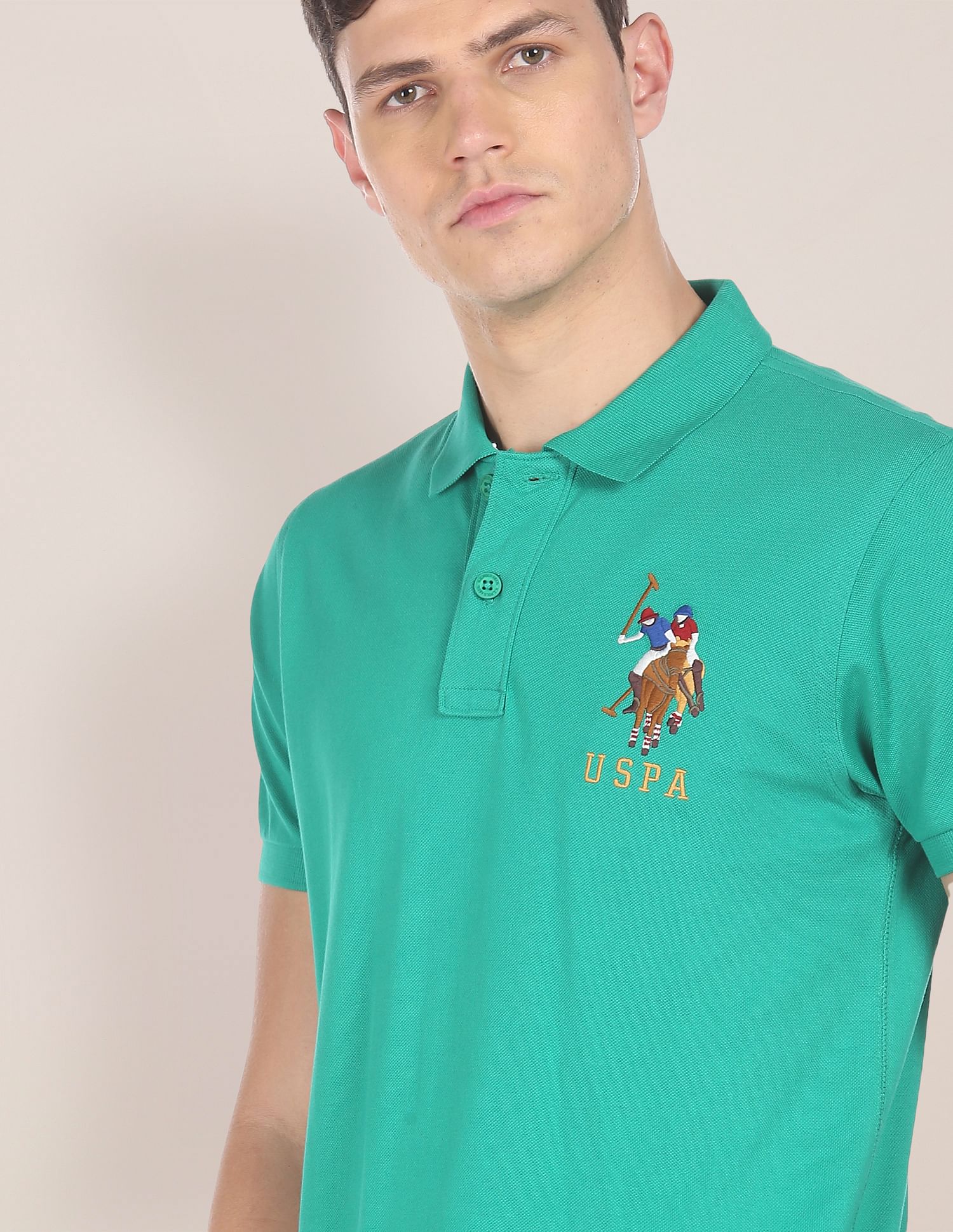 Men Teal Cotton Solid Polo Shirt Teal - U.S. POLO ASSN. | Large