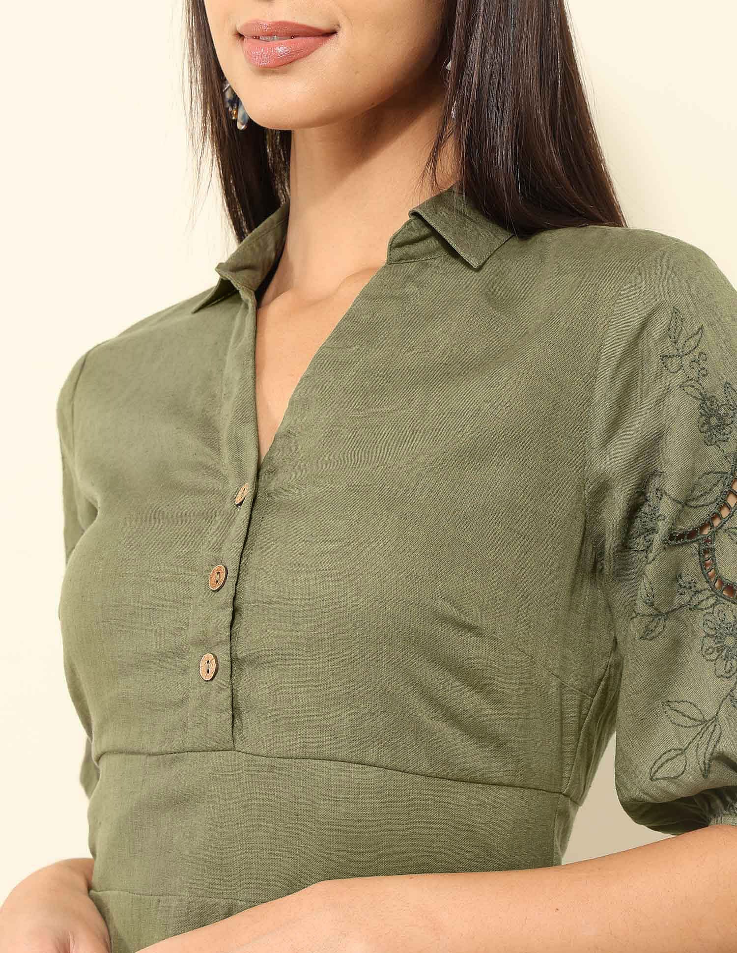Viscose Linen A-Line Midi Dress Olive - U.S. Polo Assn. India | Large