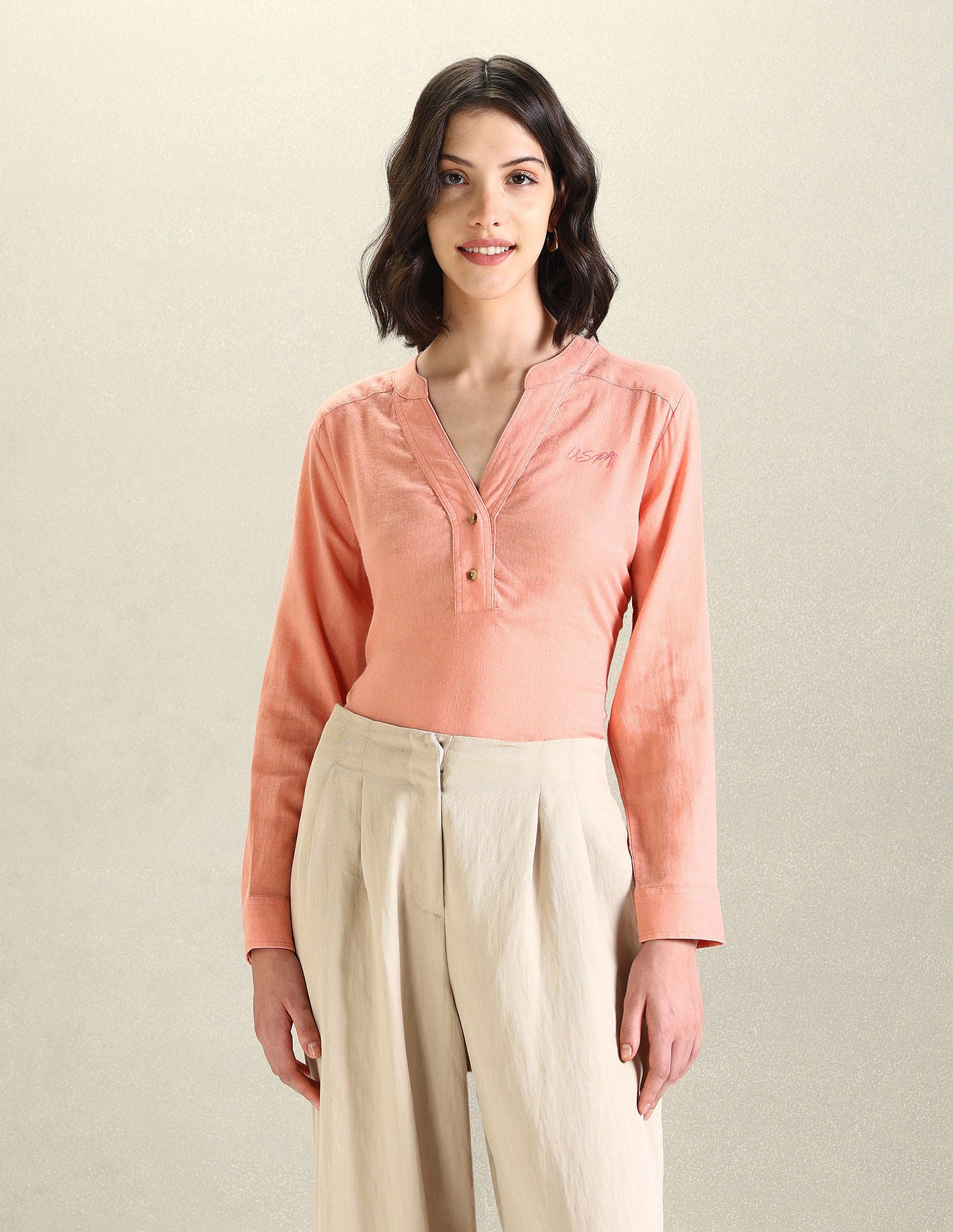 Solid Linen Tunic Top Peach - U.S. Polo Assn. India | Large