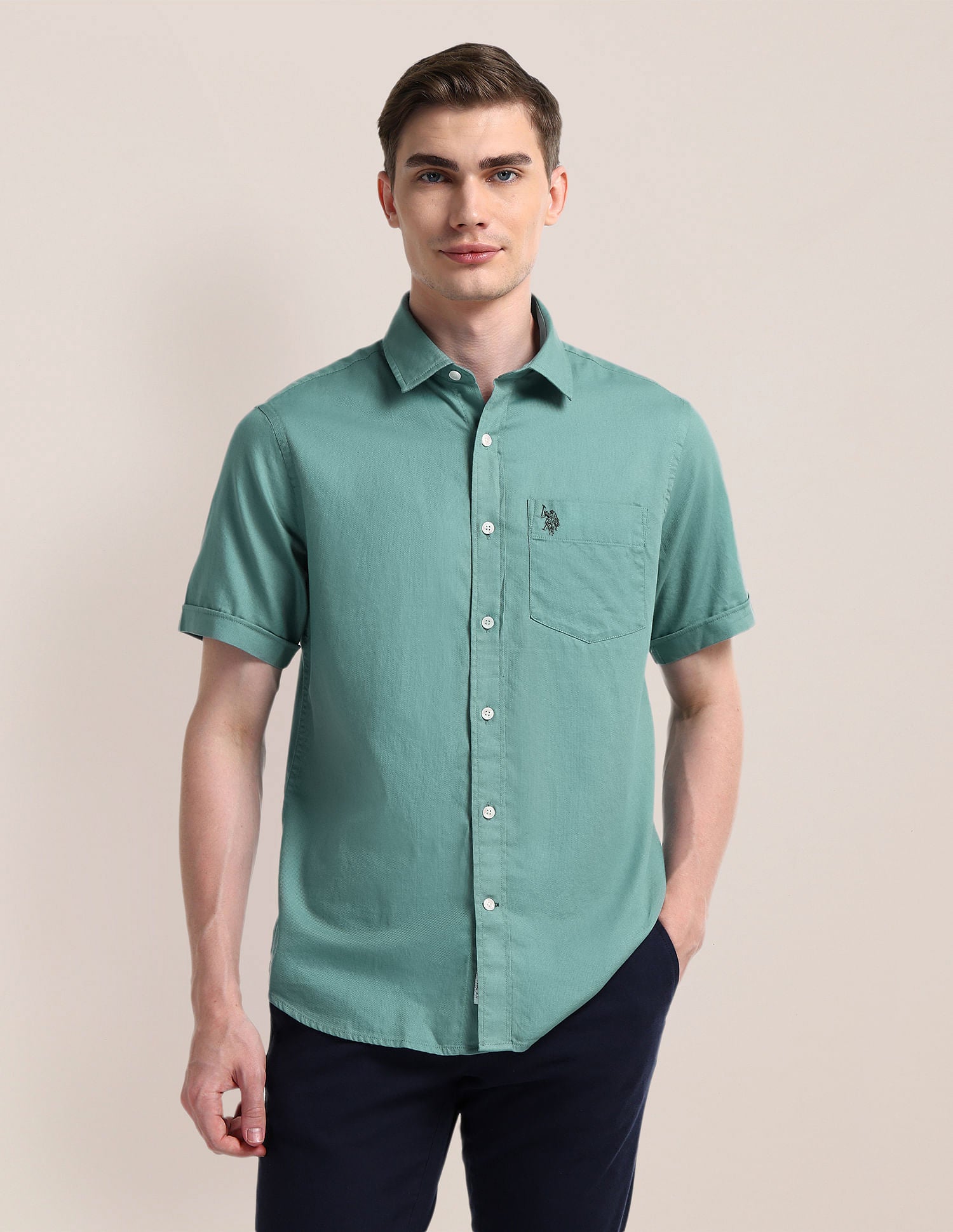 Cutaway Collar Premium Cotton Shirt Green - U.S. Polo Assn. India | Large