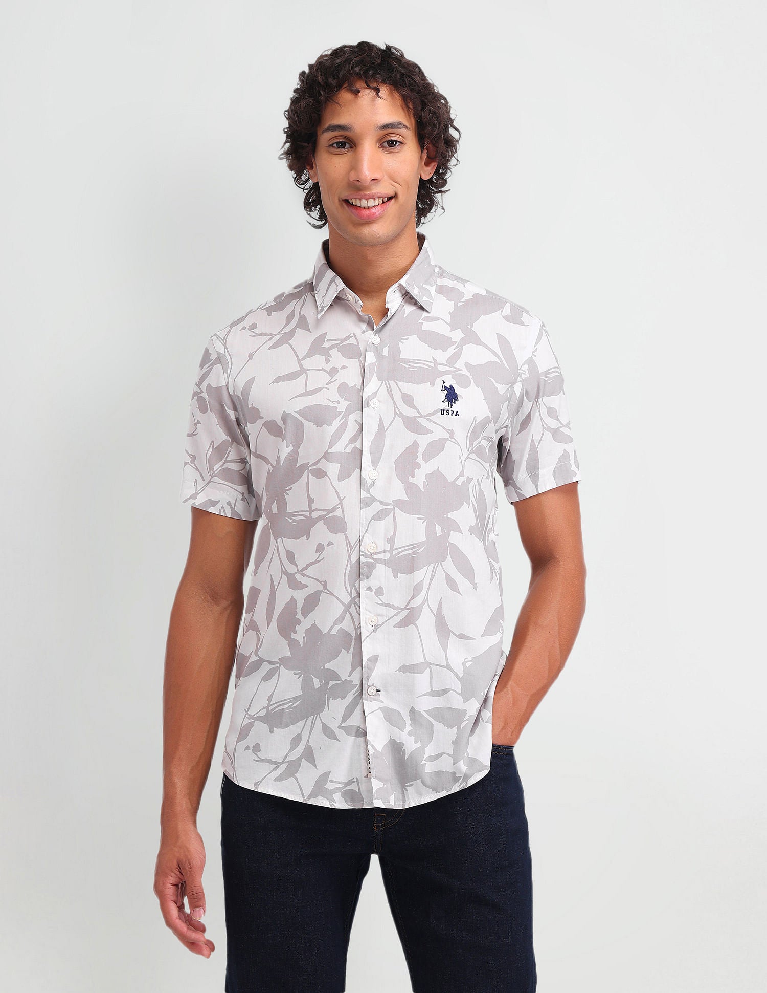 Slim Fit Floral Printed Shirt Taupe - U.S. Polo Assn. India | Large