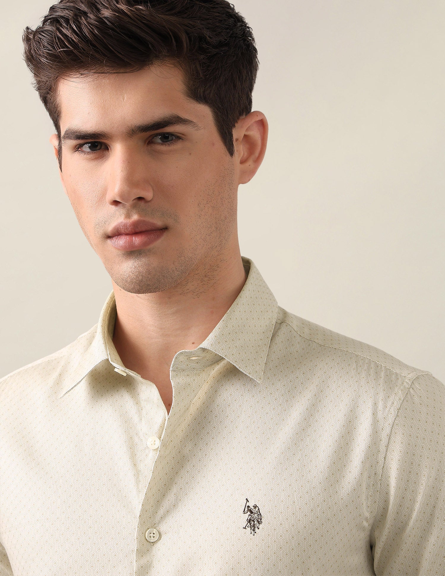 Geometric Printed Satin Shirt Beige - U.S. Polo Assn. India | Large