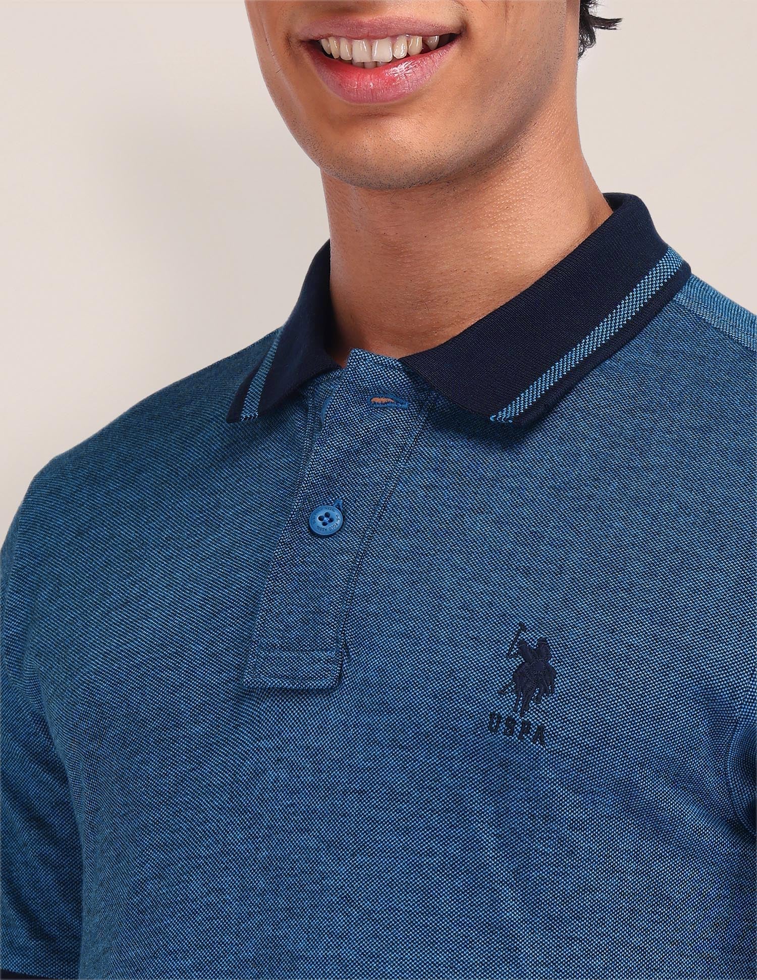 Textured Cotton Polo Shirt Blue - U.S. Polo Assn. India | Large