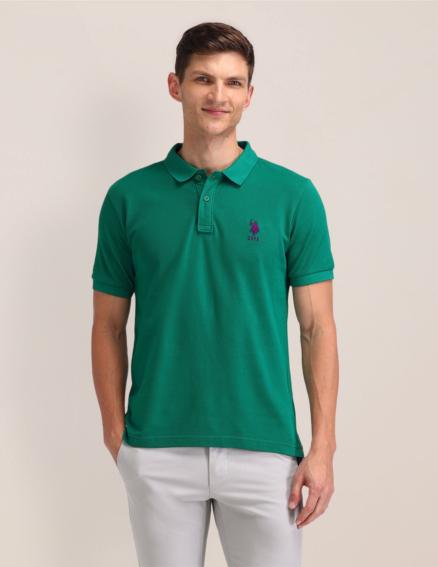 Pure Cotton Solid Slim Fit Polo Shirt Green - U.S. POLO ASSN. | Large