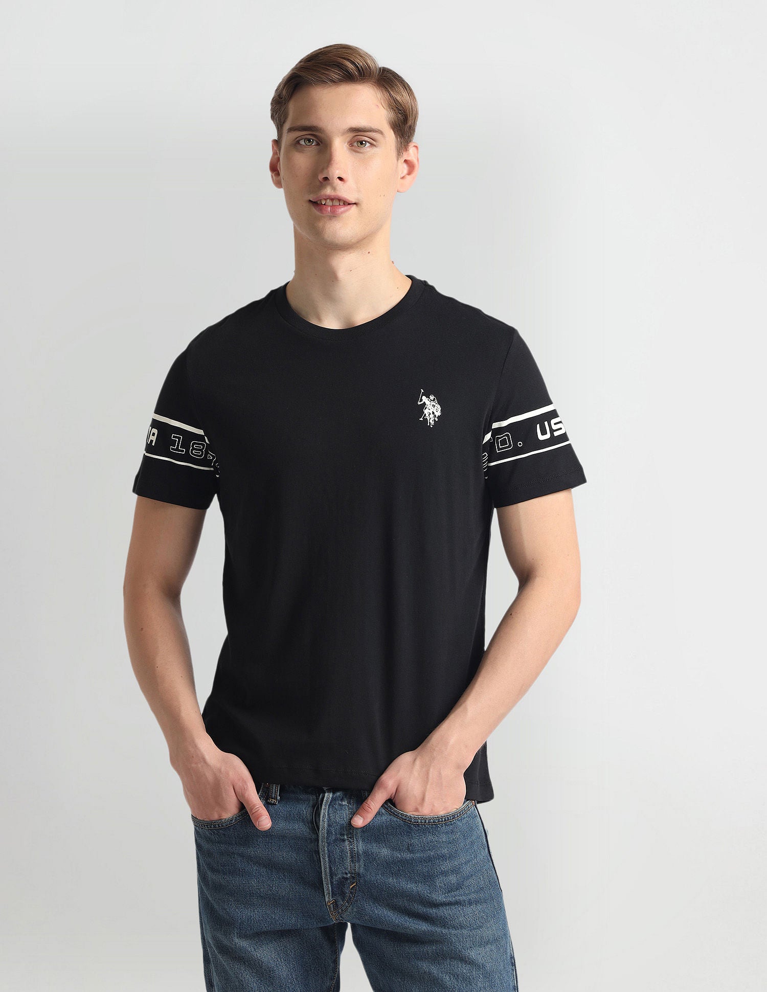 Crew Neck Sleeve Print T-Shirt Black - U.S. Polo Assn. India | Large